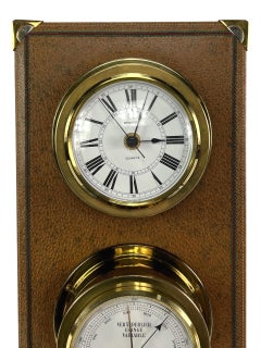 1970s Gucci Brown Boar Skin Leather Wall Mount Gold Yacht Clock & Barometer