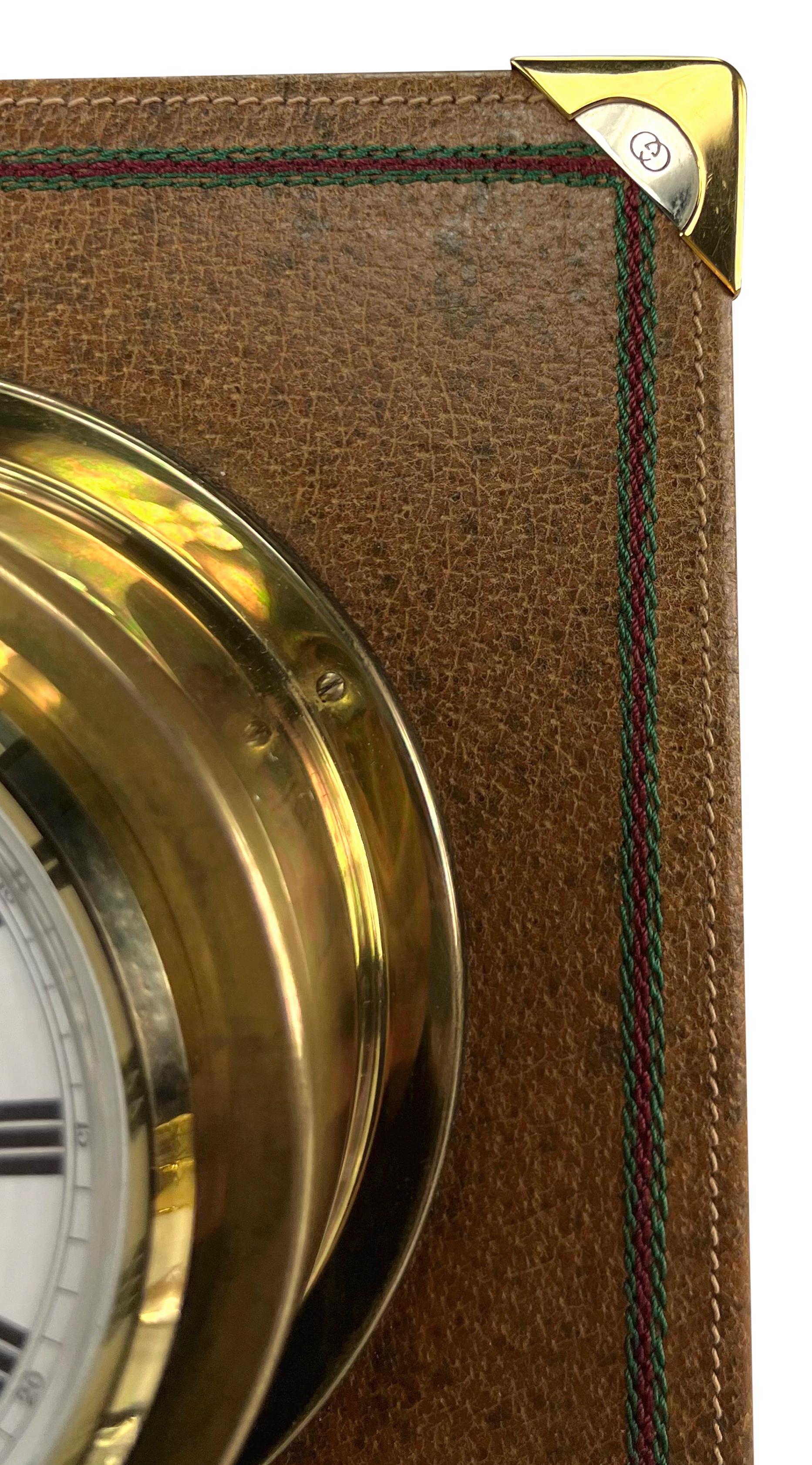 Marron 1970 Gucci Brown Wall Mount Leather Gold Yacht Clock & Barometer en vente