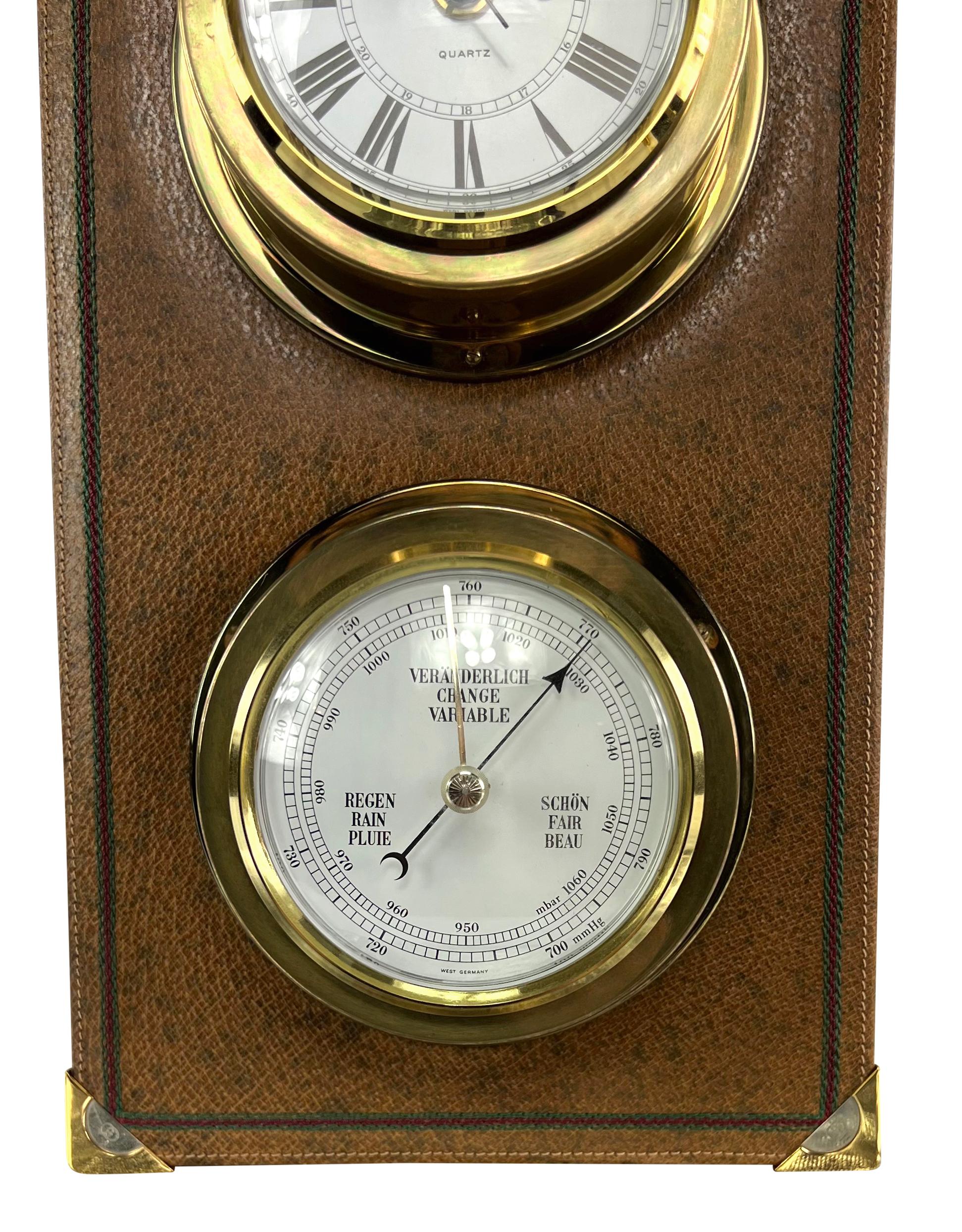 1970 Gucci Brown Wall Mount Leather Gold Yacht Clock & Barometer Bon état - En vente à West Hollywood, CA