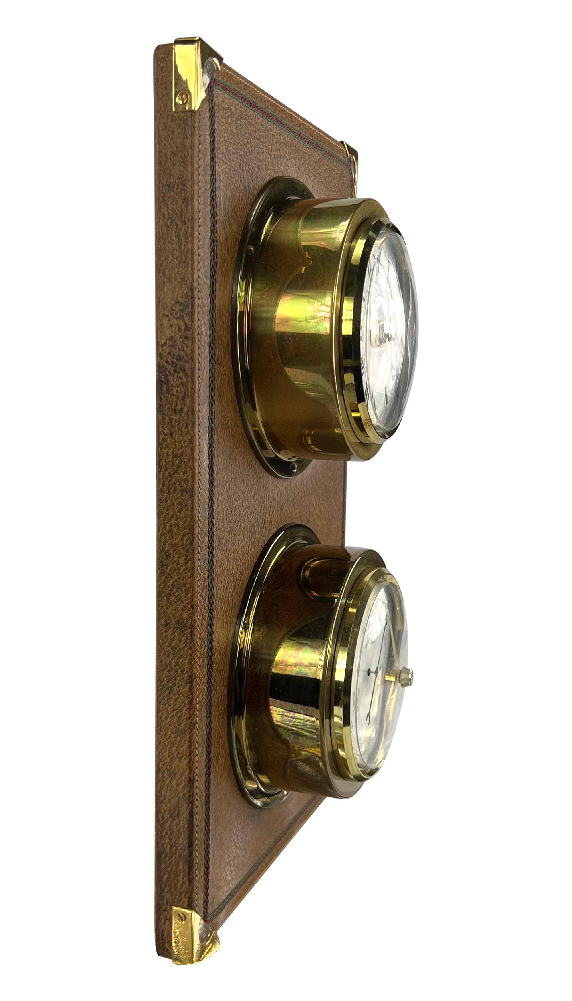 1970 Gucci Brown Wall Mount Leather Gold Yacht Clock & Barometer Unisexe en vente