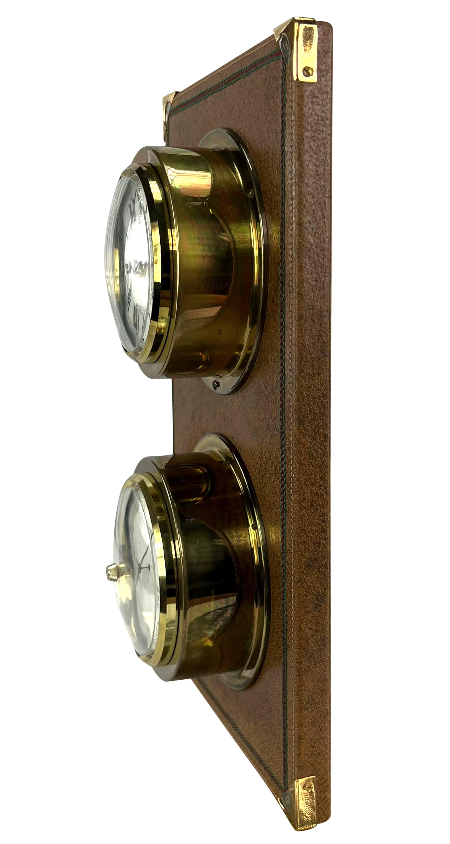 1970 Gucci Brown Wall Mount Leather Gold Yacht Clock & Barometer en vente 2