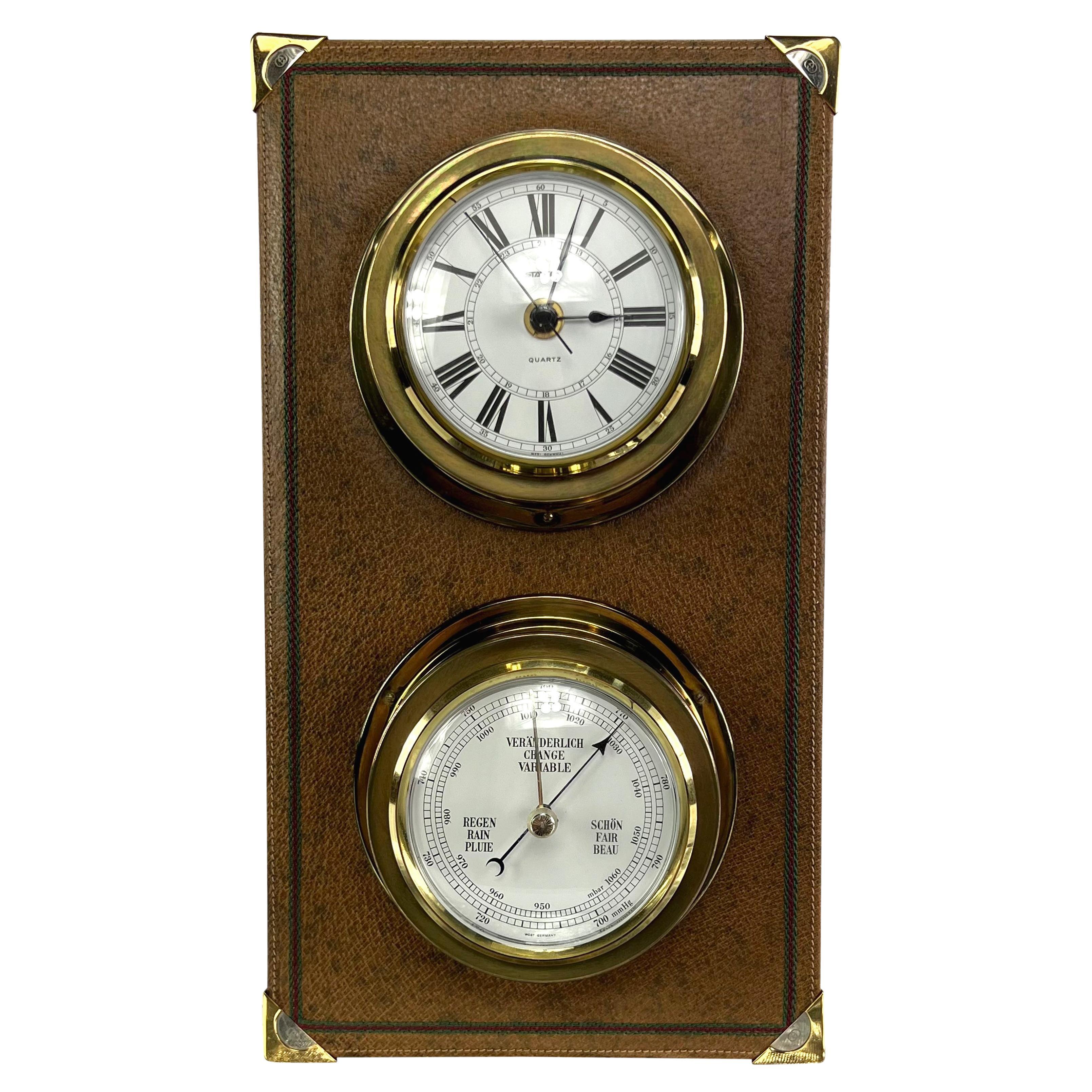 1970s Gucci Brown Boar Skin Leather Wall Mount Gold Yacht Clock & Barometer