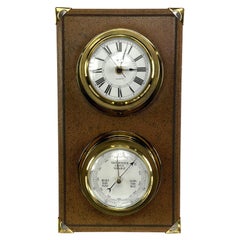 1970s Gucci Brown Boar Skin Leather Wall Mount Gold Yacht Clock & Barometer