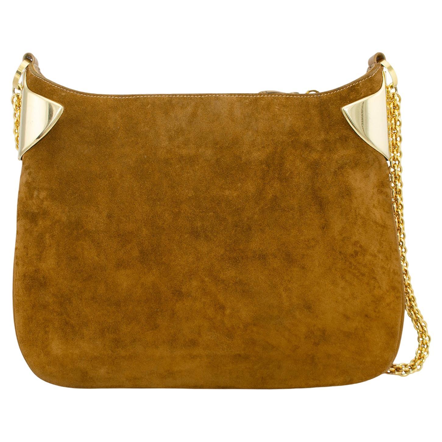 1970s Gucci Brown Suede and Gold Shoulder Bag  For Sale