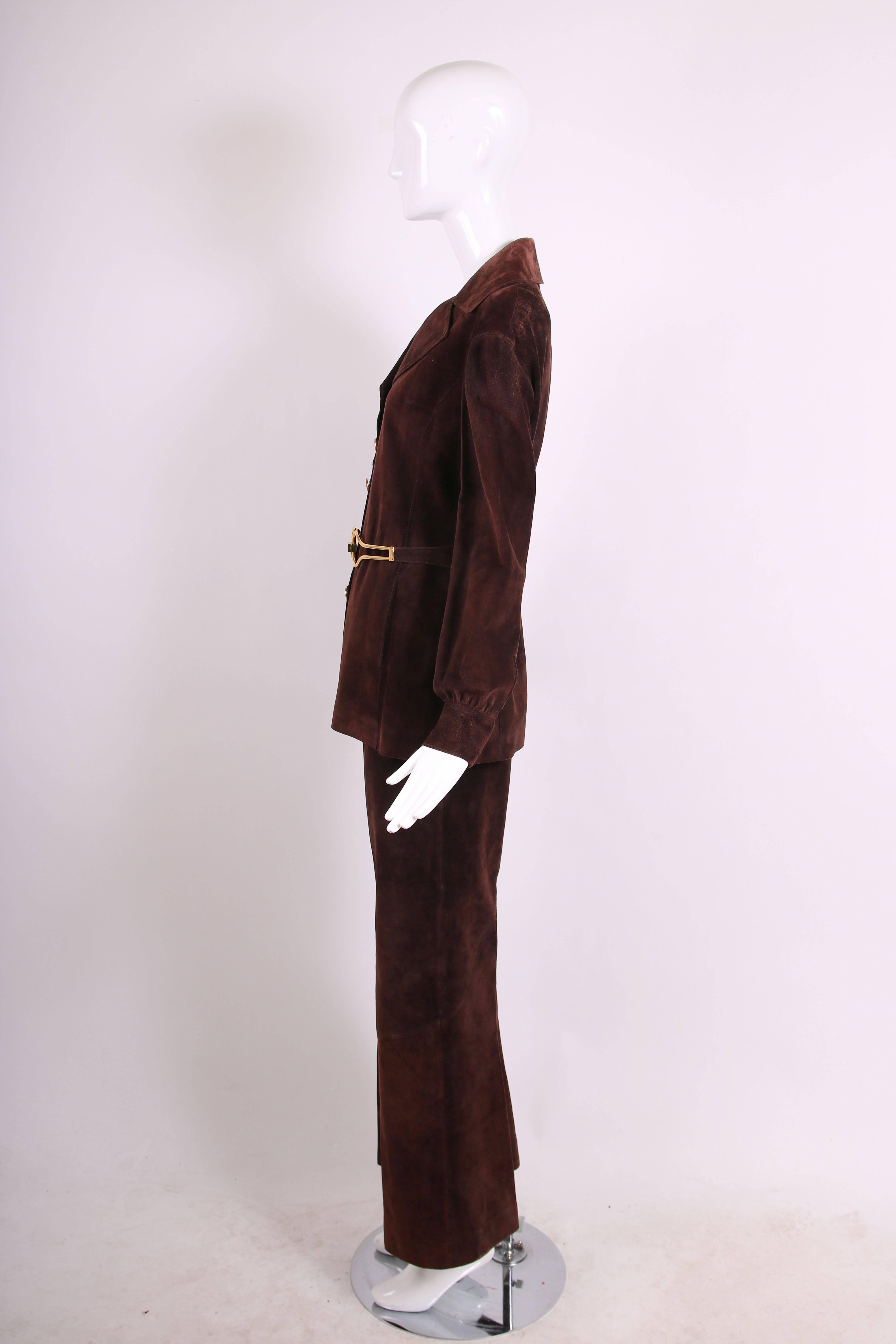 1970's Gucci Brown Suede Jacket & Pants Ensemble w/Oversized Gold Tone Belt In Good Condition In Studio City, CA