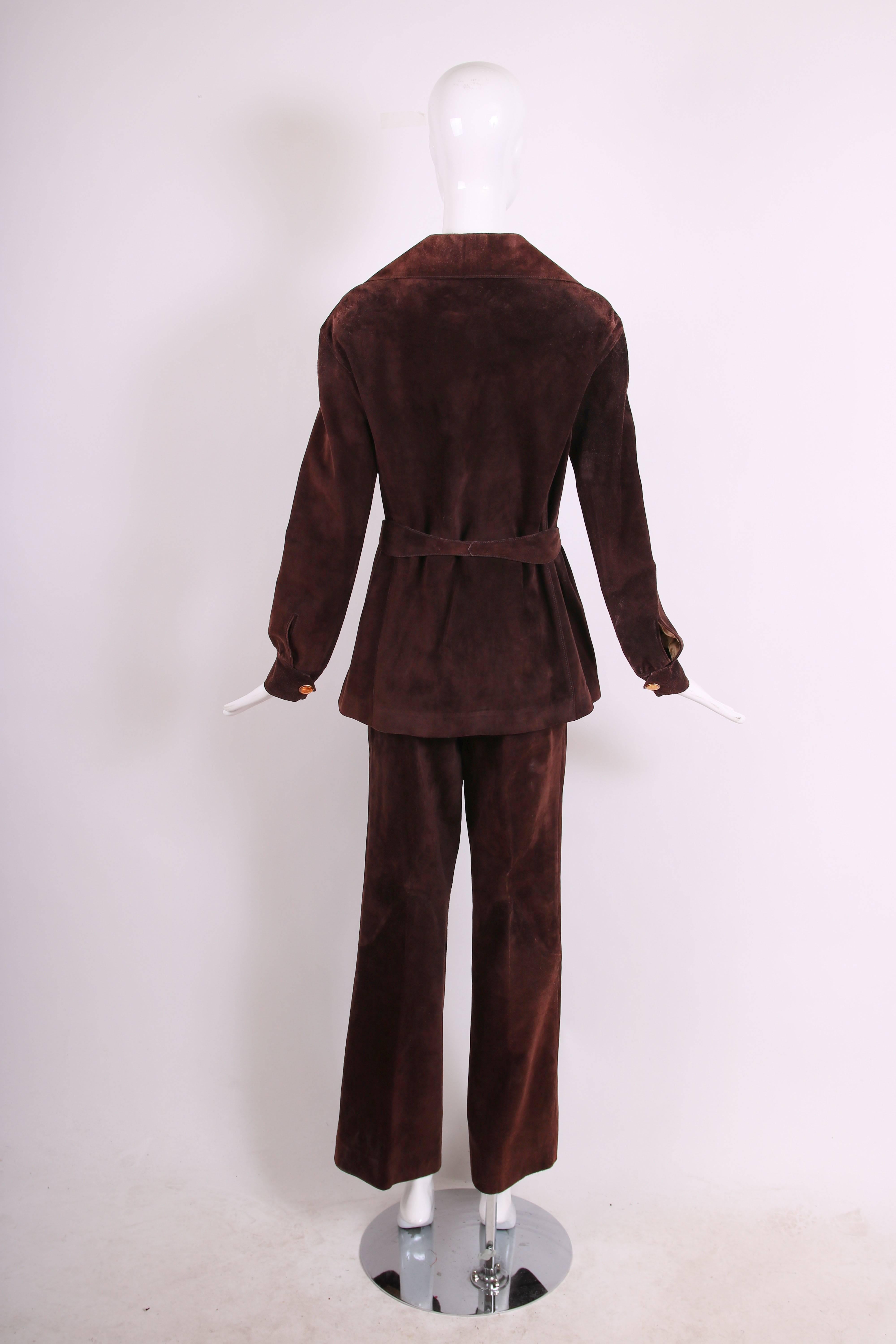 Women's 1970's Gucci Brown Suede Jacket & Pants Ensemble w/Oversized Gold Tone Belt