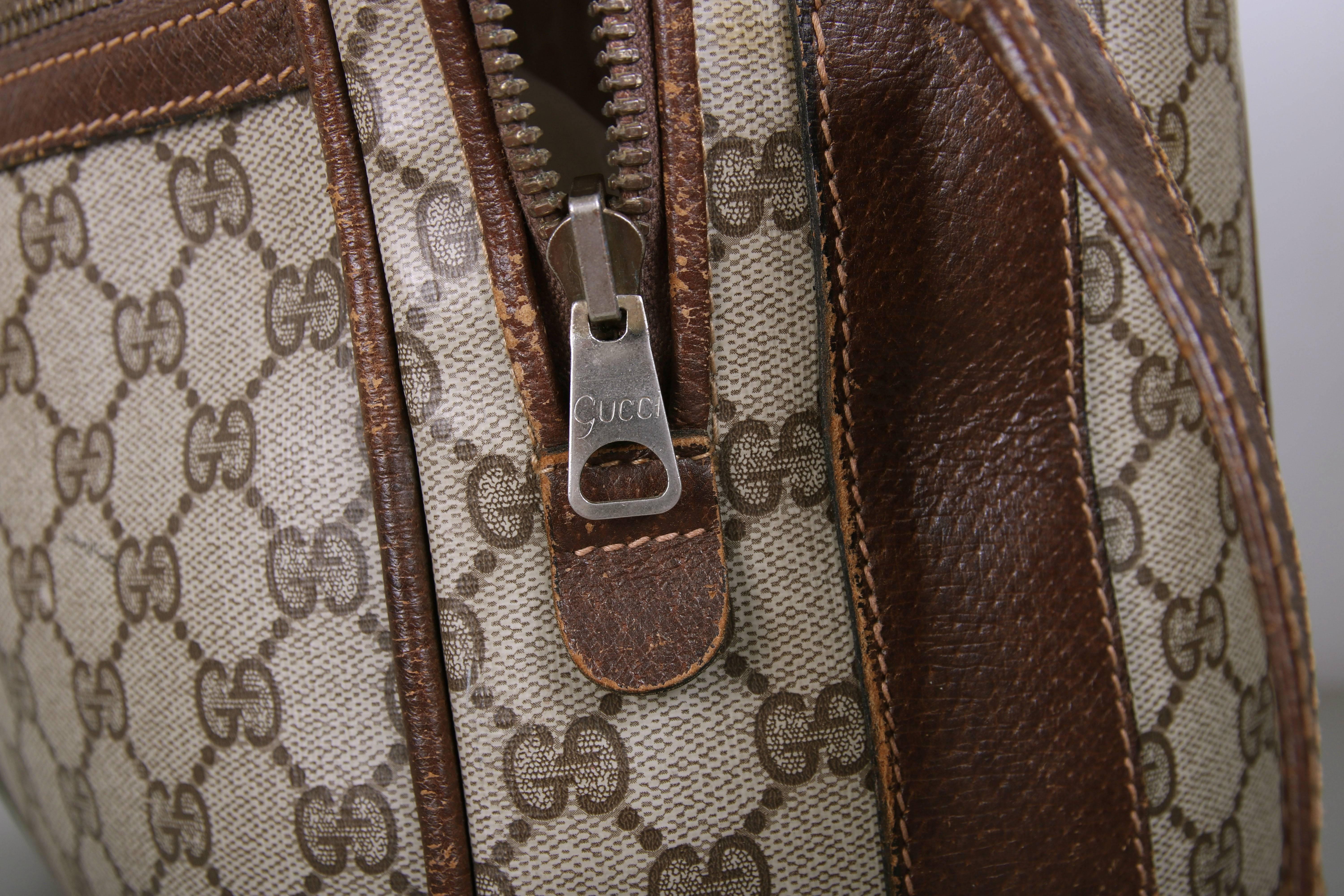 Gray Gucci Canvas & Leather Travel Bag w/GG Diamond Web, Top Handle & Strap & 