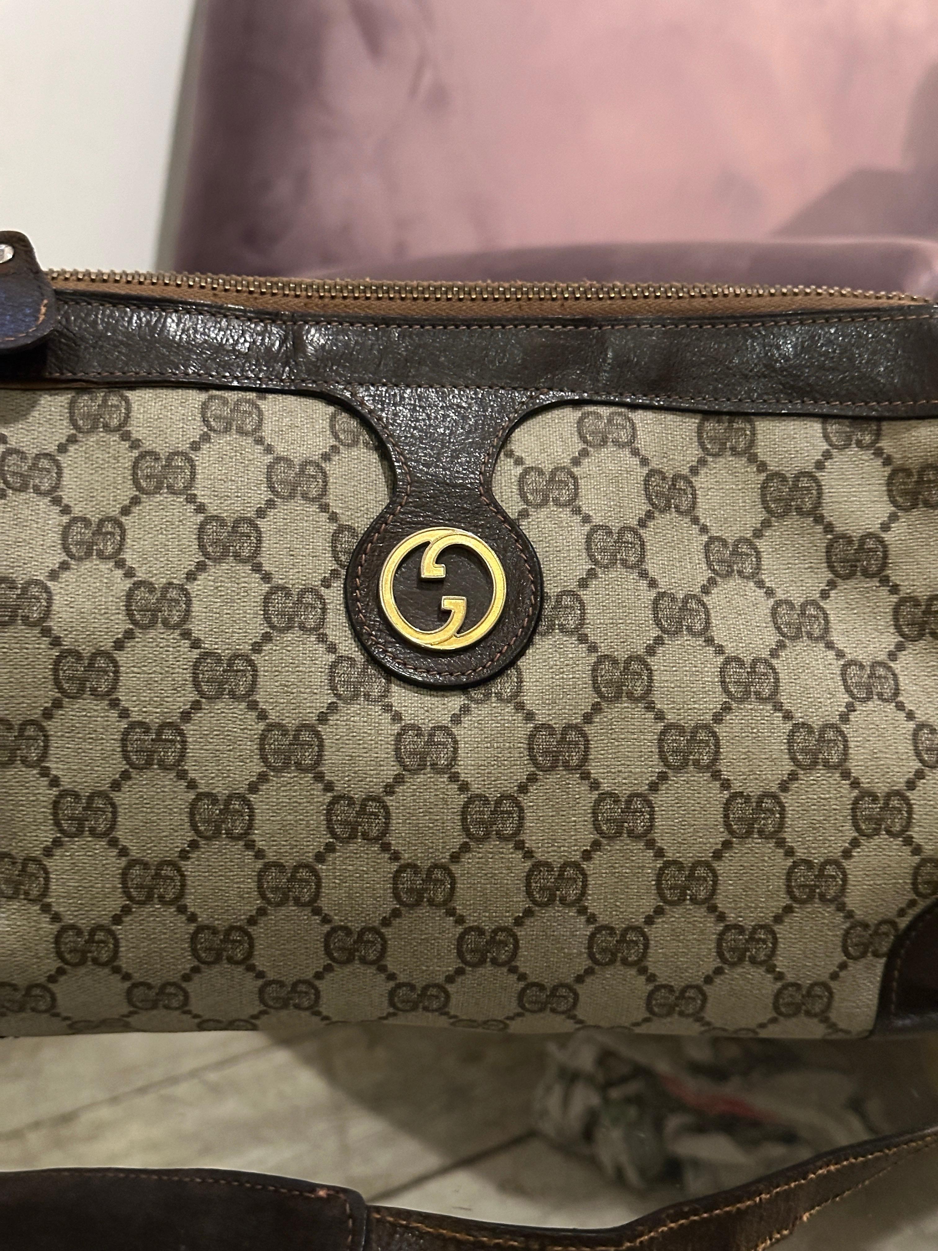Black 1970s Gucci Canvas and Leather Shoulder Bag with Gold Interlocking GG Logo For Sale