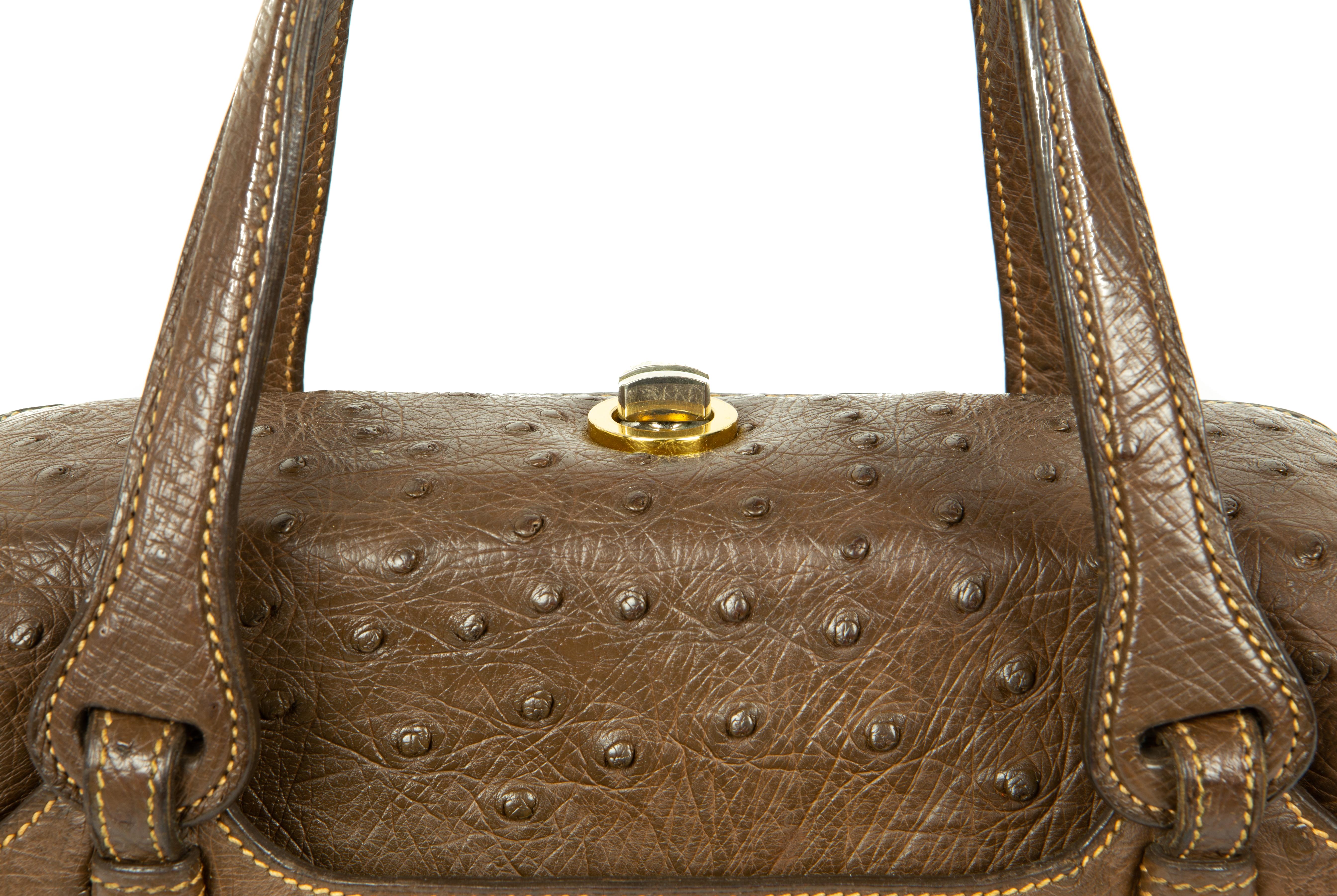 Women's 1970s Gucci Chocolate-Brown Ostrich Handbag