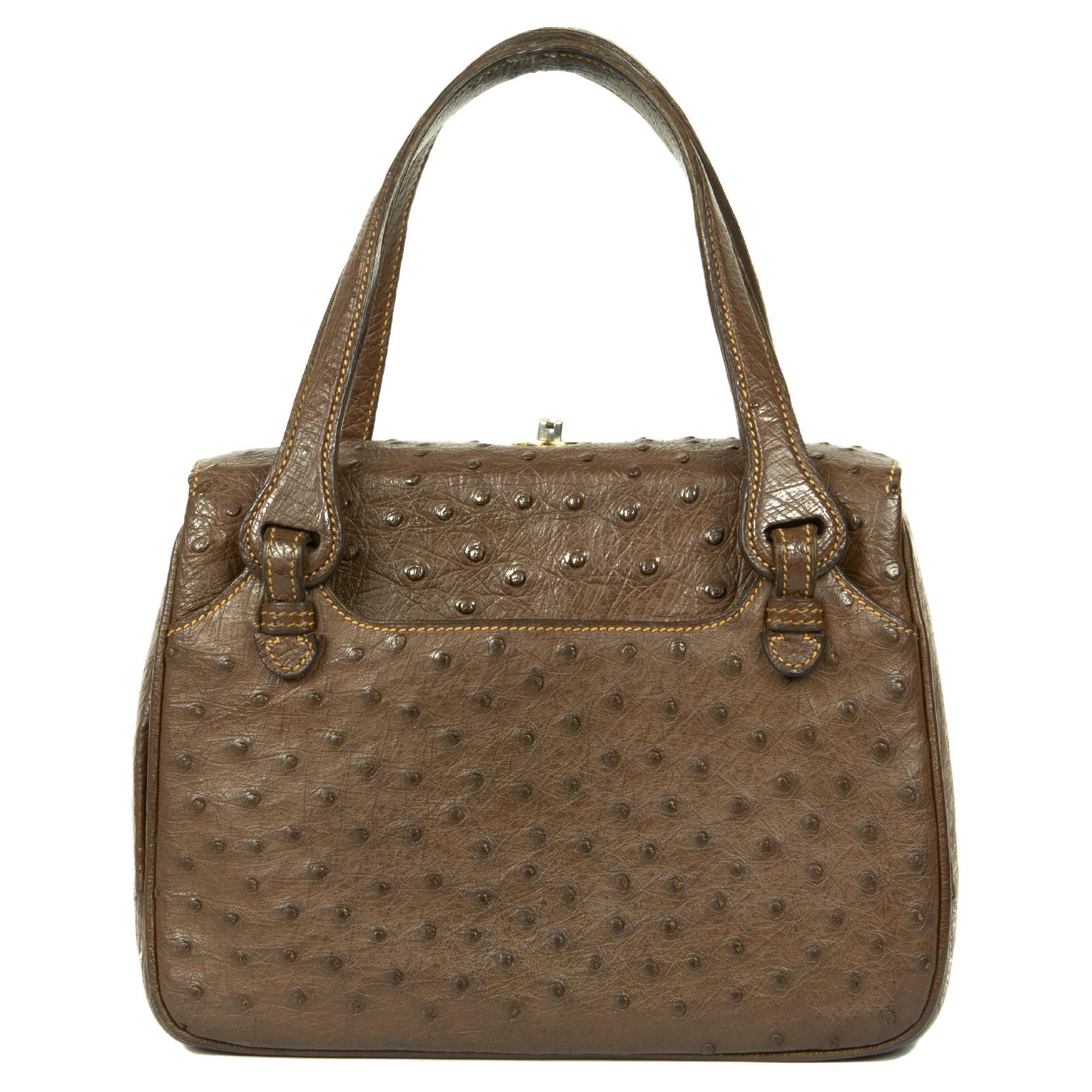 1970s Gucci Chocolate-Brown Ostrich Handbag