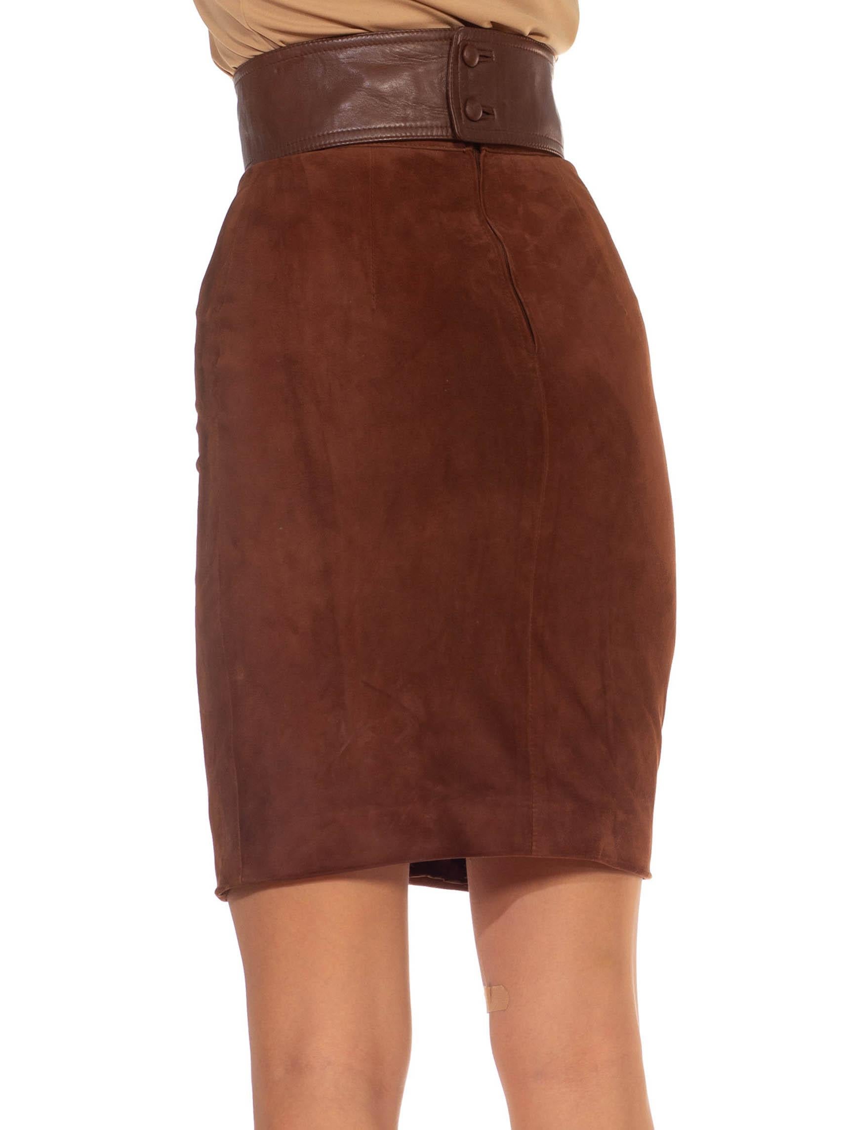 1970S GUCCI Chocolate Brown Suede & Leather Belted Skirt For Sale 3