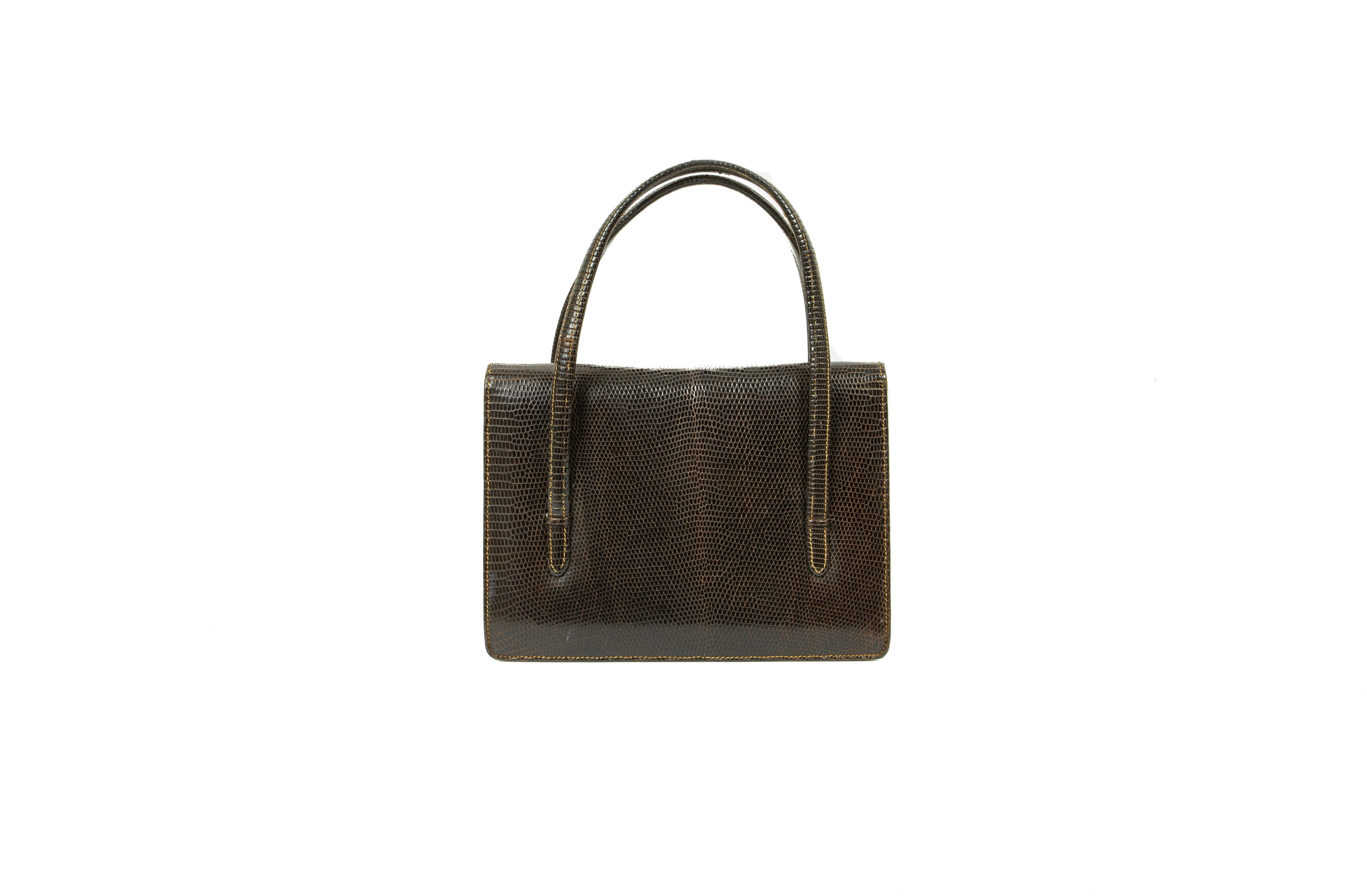 Black 1970s Gucci Dark Brown Lizard Handbag For Sale