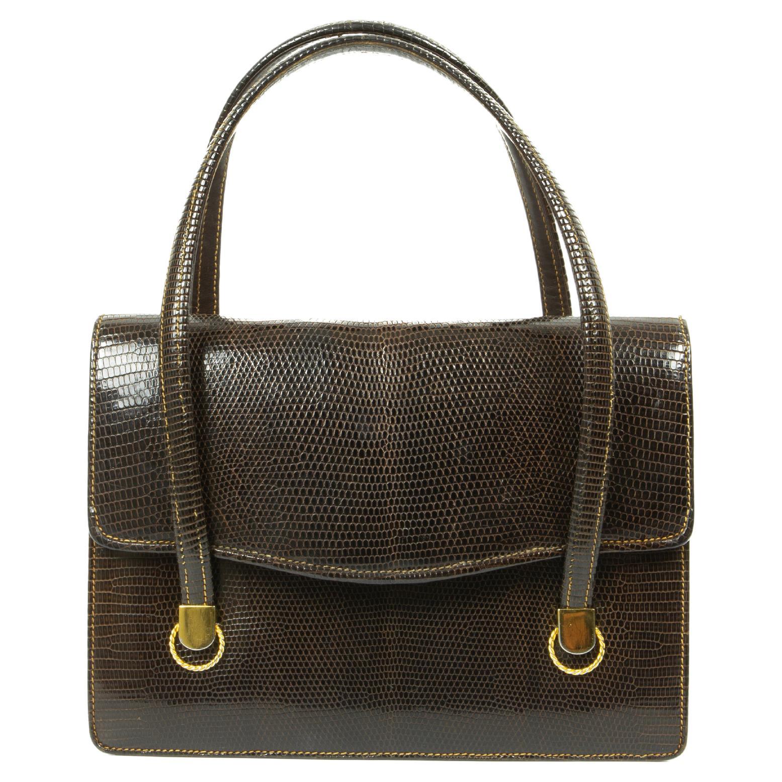 1970s Gucci Dark Brown Lizard Handbag For Sale