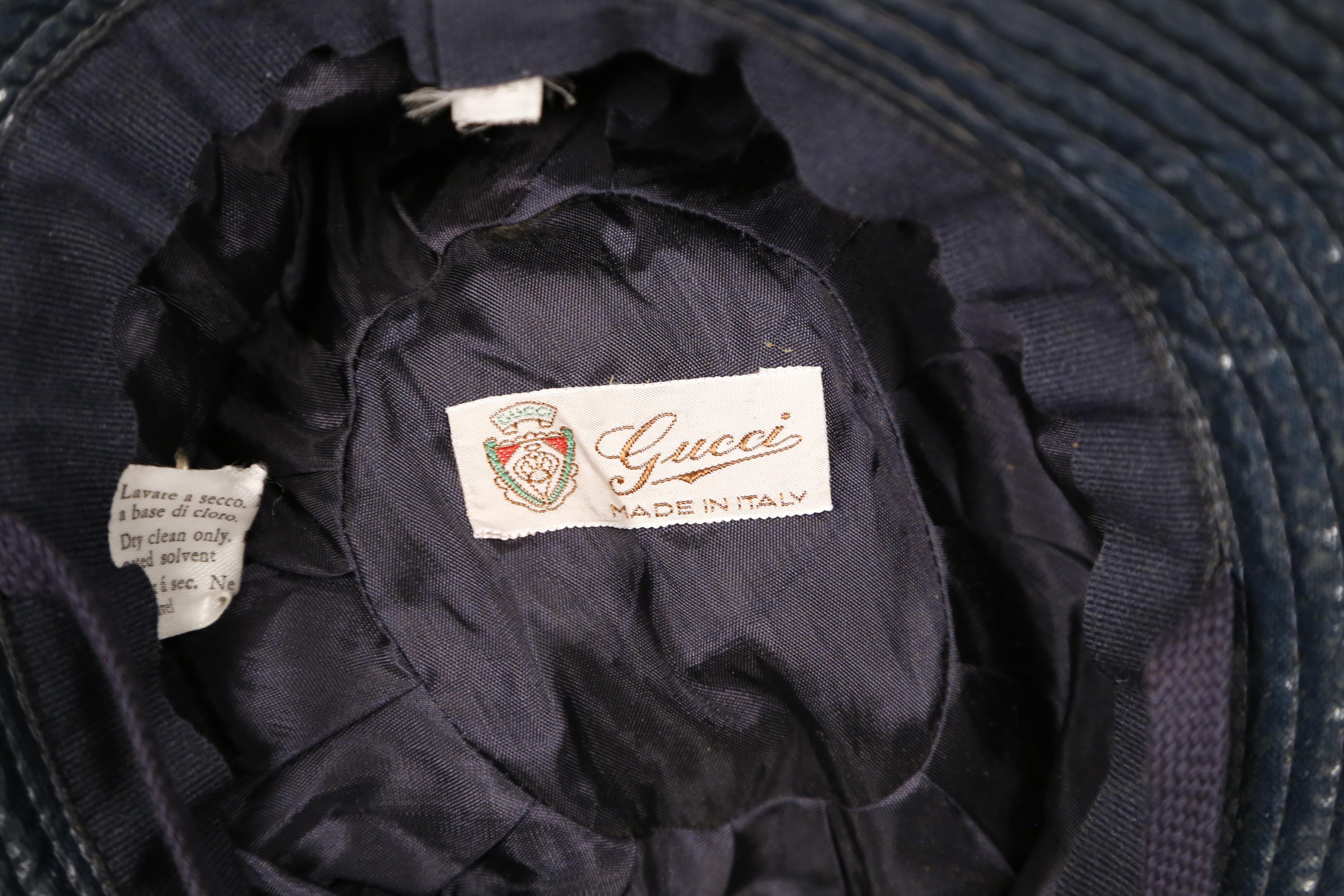 Black 1970's GUCCI dark petrol blue waterproof bucket hat with stampede chin strap