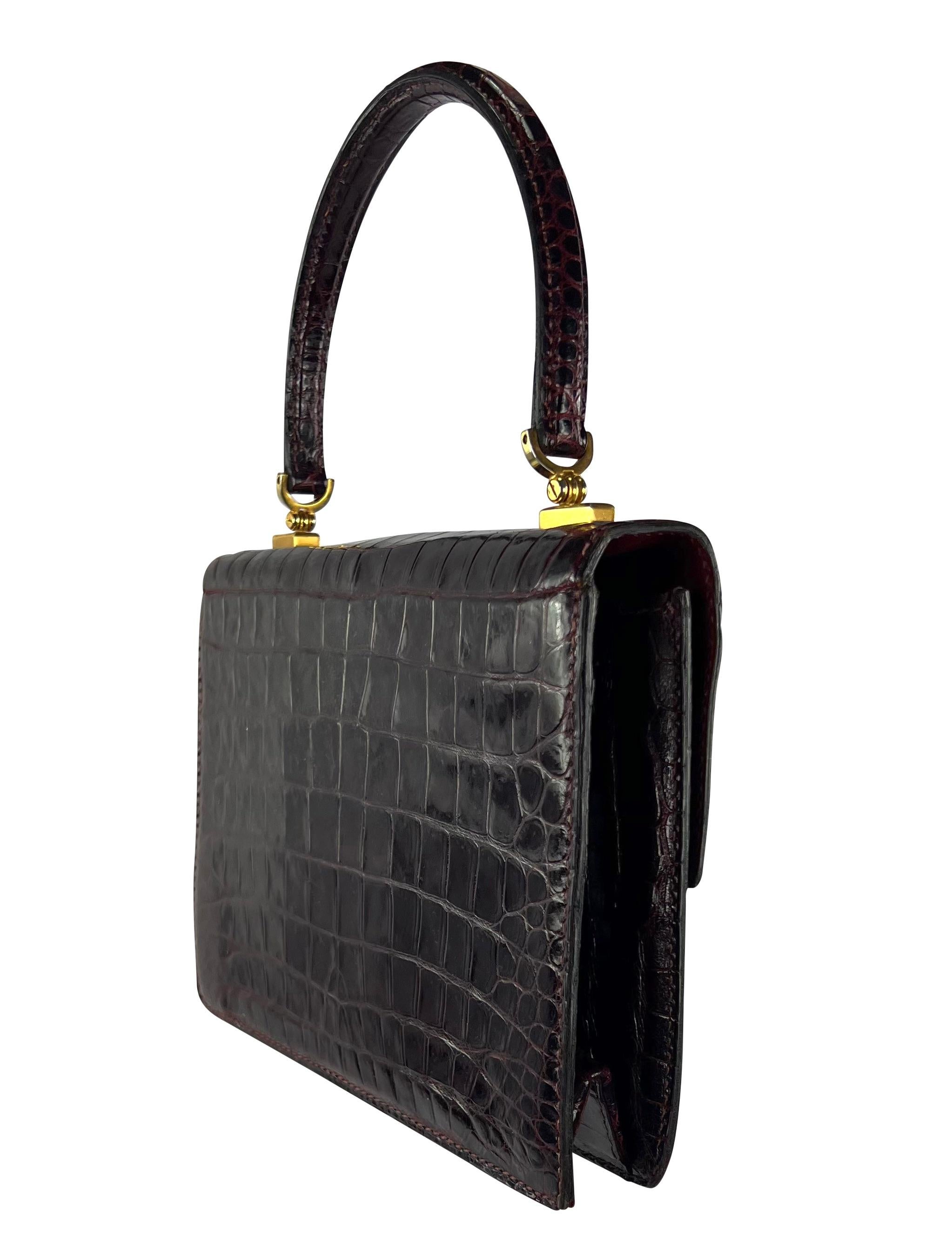 1970s Gucci Deep Burgundy Crocodile Top Handle Flap Bag 2