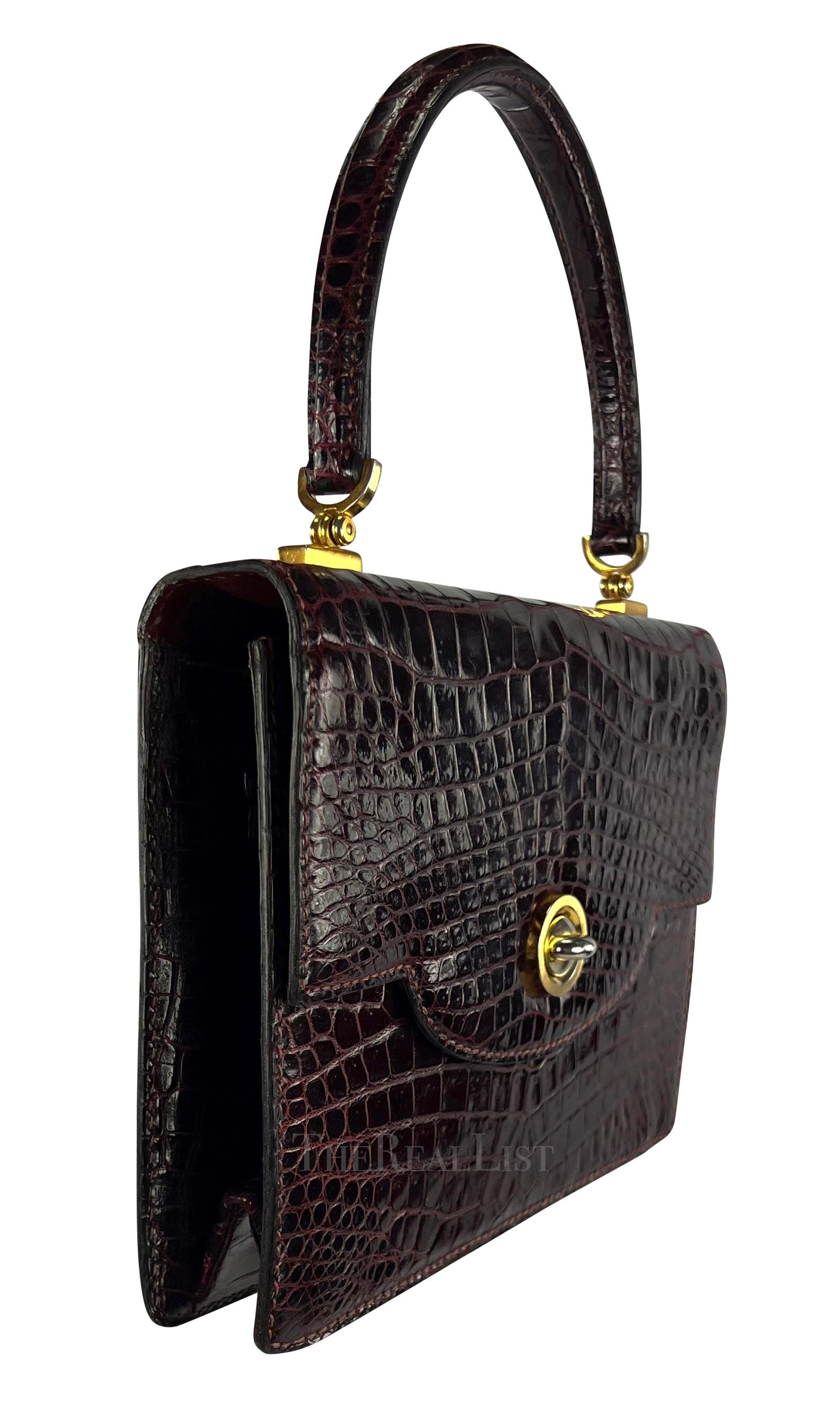 1970s Gucci Deep Burgundy Crocodile Top Handle Flap Bag 4