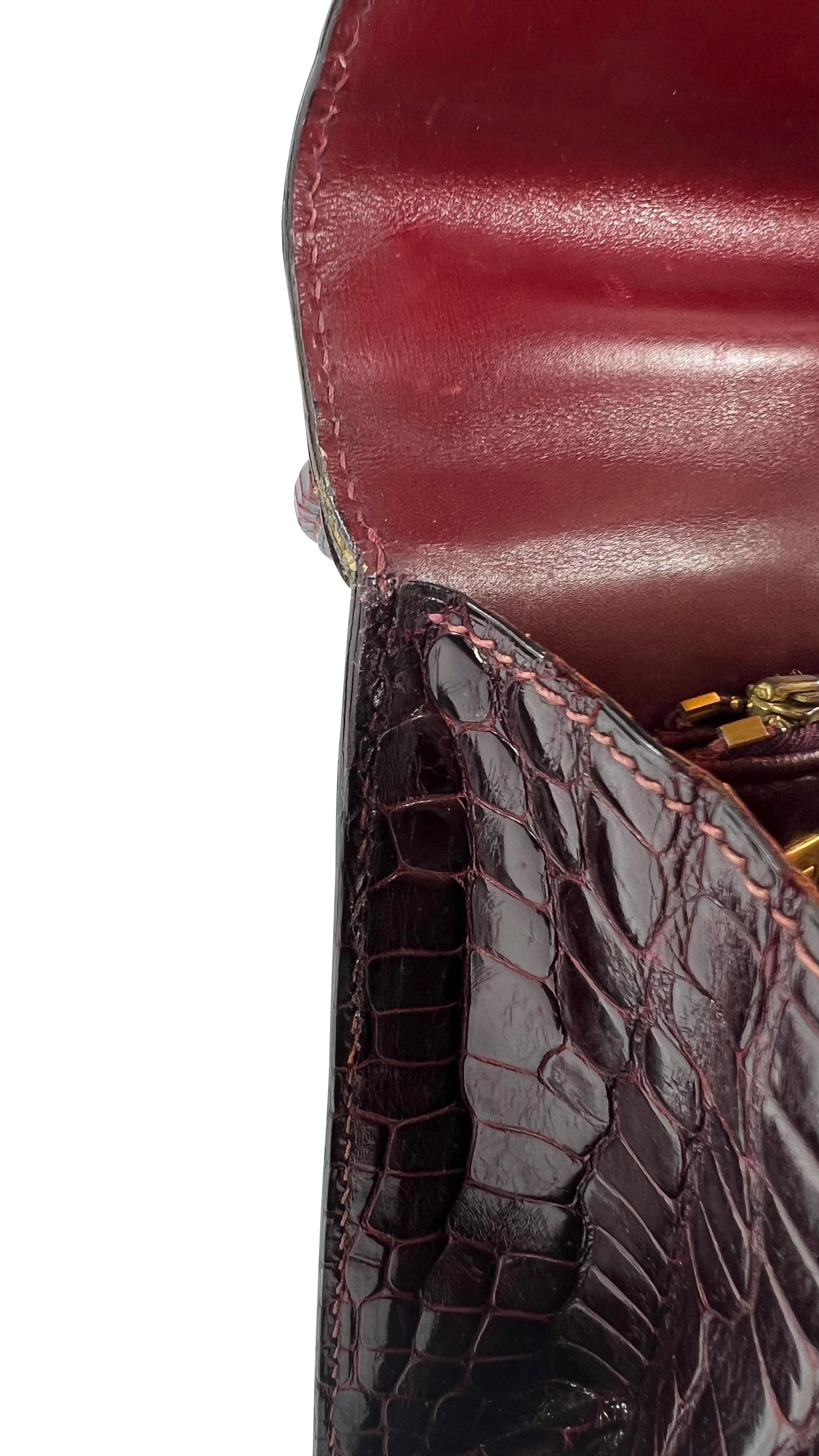 1970s Gucci Deep Burgundy Crocodile Top Handle Flap Bag 5