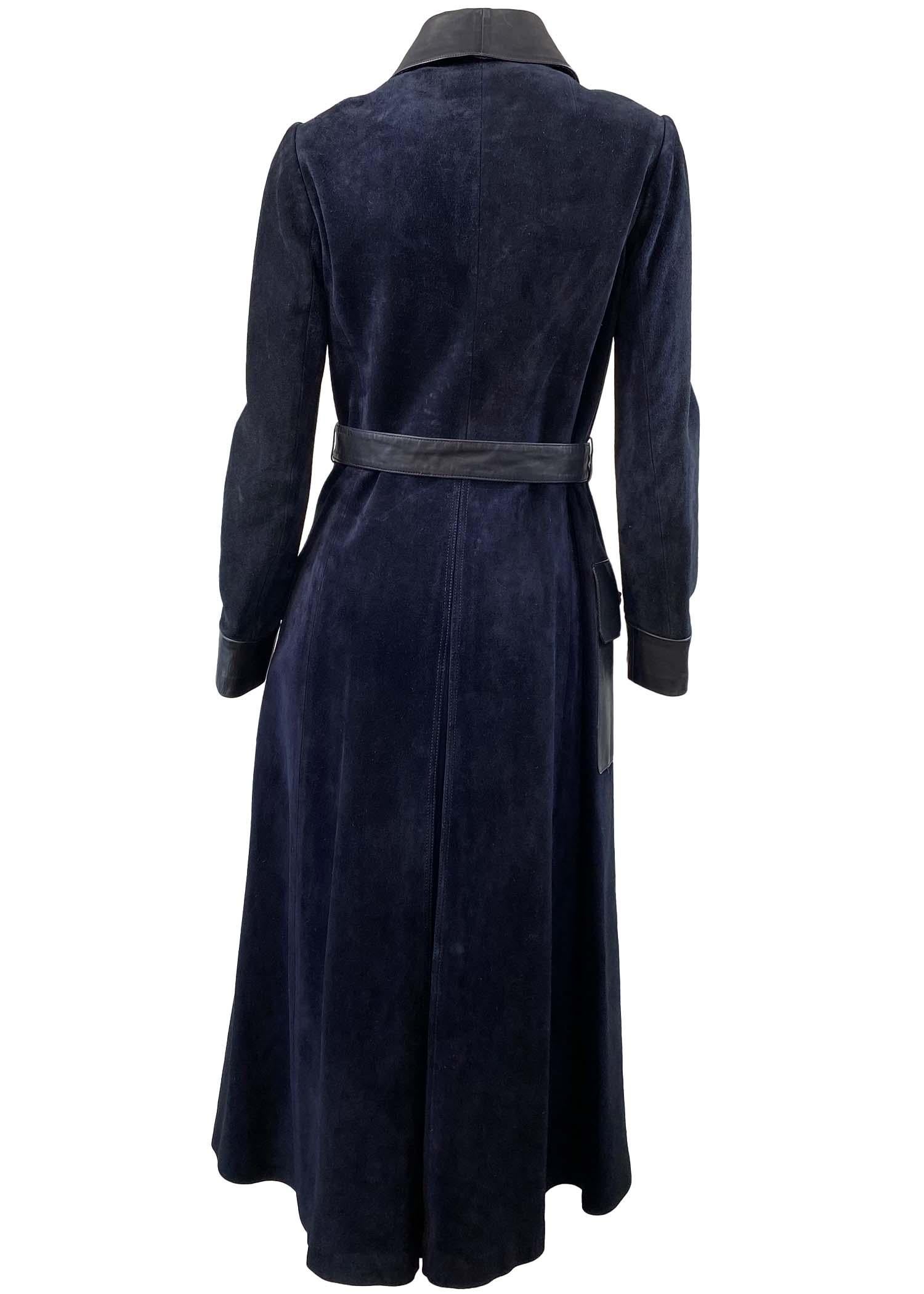 Women's 1972 Gucci Runway Dionysus Tiger Head Navy Suede Leather Full-Length Trench Coat