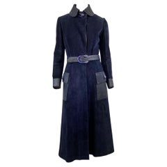 Retro 1972 Gucci Runway Dionysus Tiger Head Navy Suede Leather Full-Length Trench Coat
