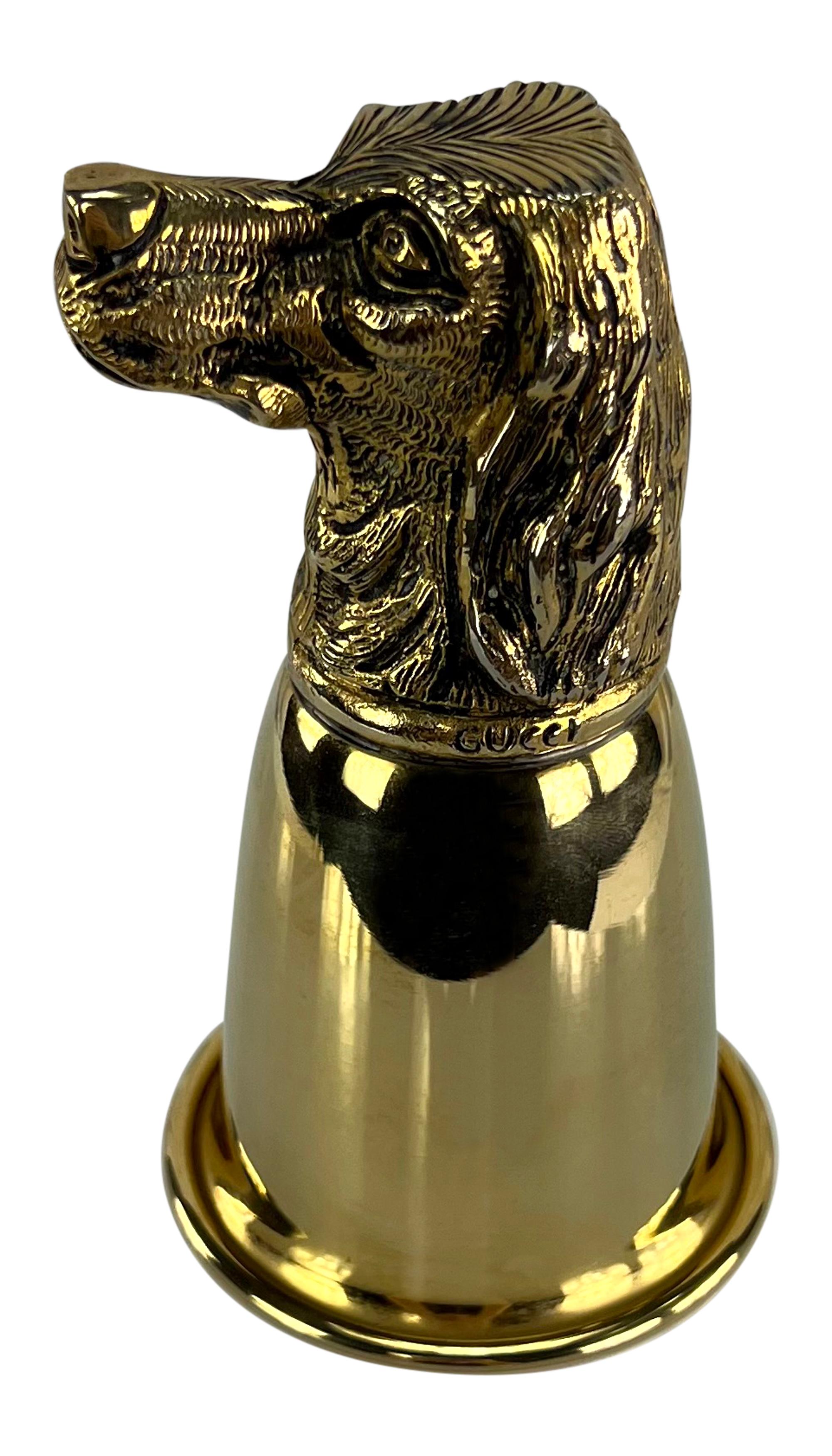 1970s Gucci Dog Figural Gold Wash Hunting Set of Two Cup Pair In Excellent Condition For Sale In West Hollywood, CA