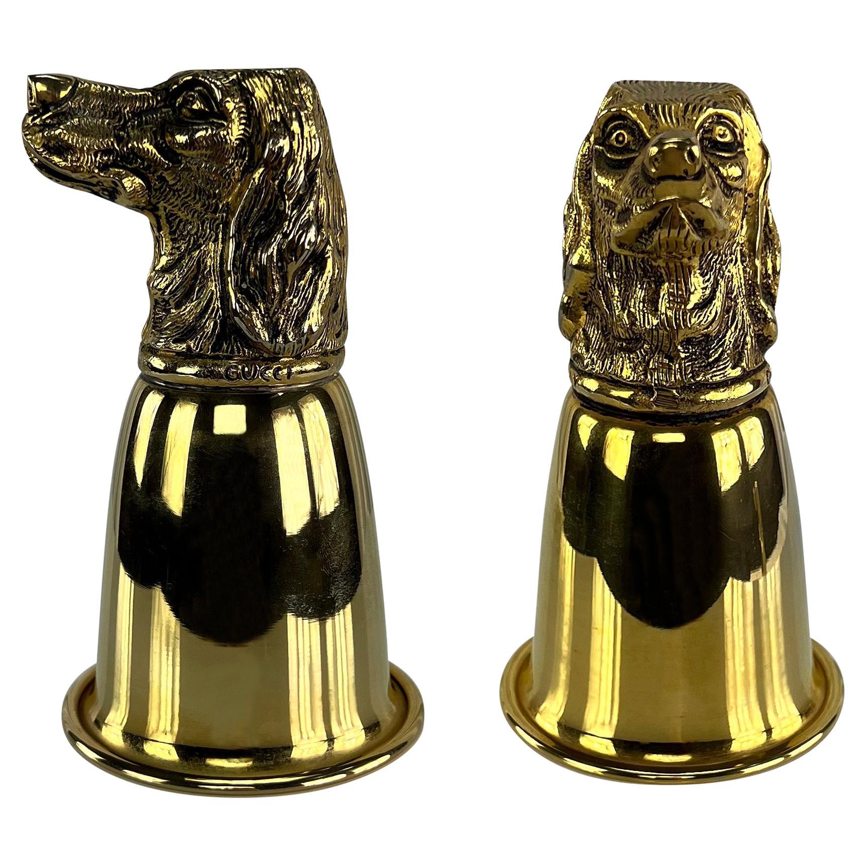 1970s Gucci Dog Figural Gold Wash Hunting Set of Two Cup Pair