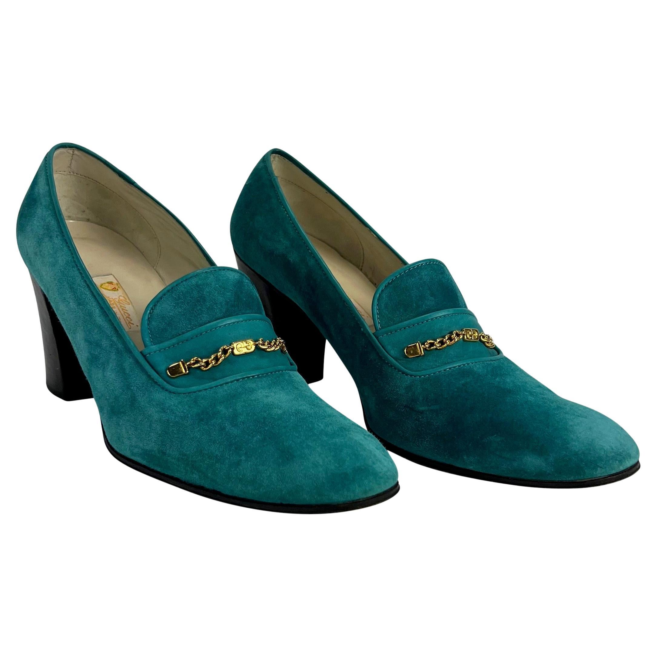 1970s Gucci GG Logo Chain Suede Teal Loafer Block Heels Size 39.5AA