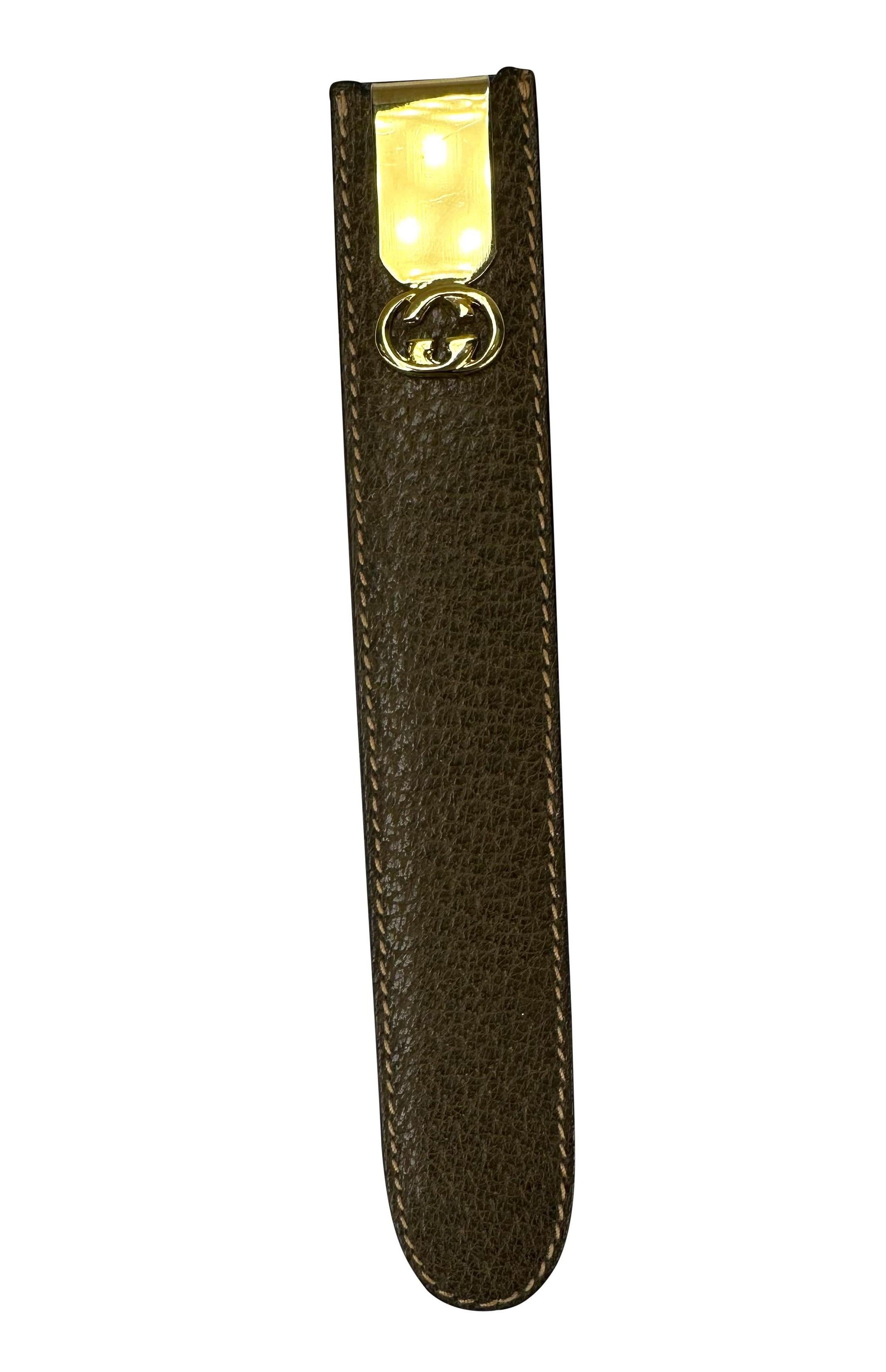 1970s Gucci Gold Tone 'GG' Letter Opener Bookmark with Brown Leather case In Excellent Condition In West Hollywood, CA
