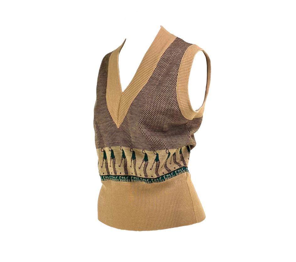 TheRealList presents: a rare sweater vest made by Gucci in the 1970s. This piece is a fantastic archival example of the kitsch design Alessandro Michele brought back to the house of Gucci as creative director. The sweater features a golfer teed up
