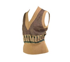 1970s Gucci Golf Logo Knit Beige Green Men's V-Neck Sweater Vest