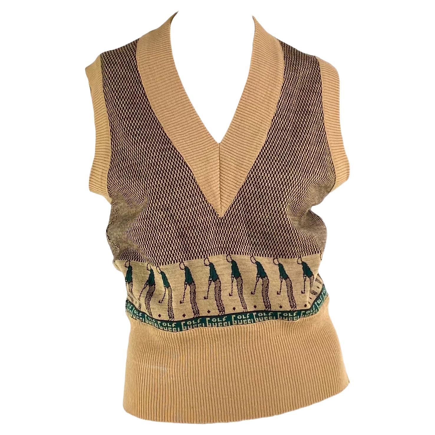 1970s Gucci Golf Logo Knit Beige Green Men's V-Neck Sweater Vest 