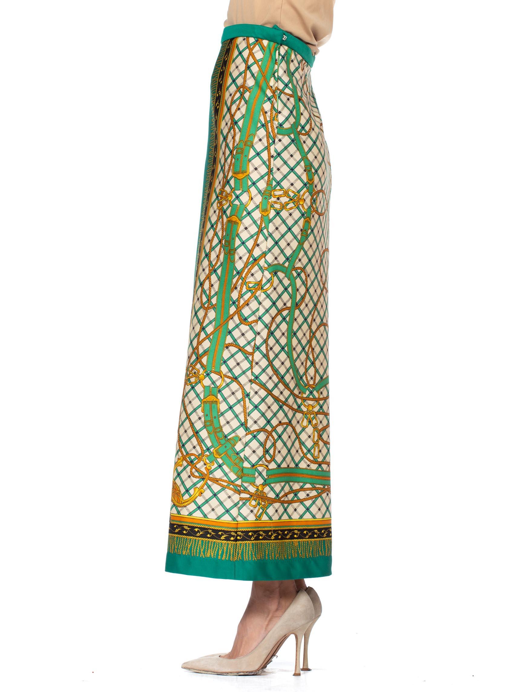 Blue 1970'S Kelly Green Polyester Jersey Equestrian Status Print Maxi Skirt