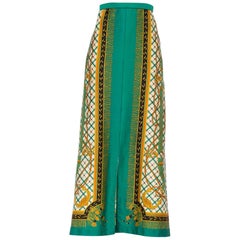 1970'S Kelly Green Polyester Jersey Equestrian Status Print Maxi Skirt