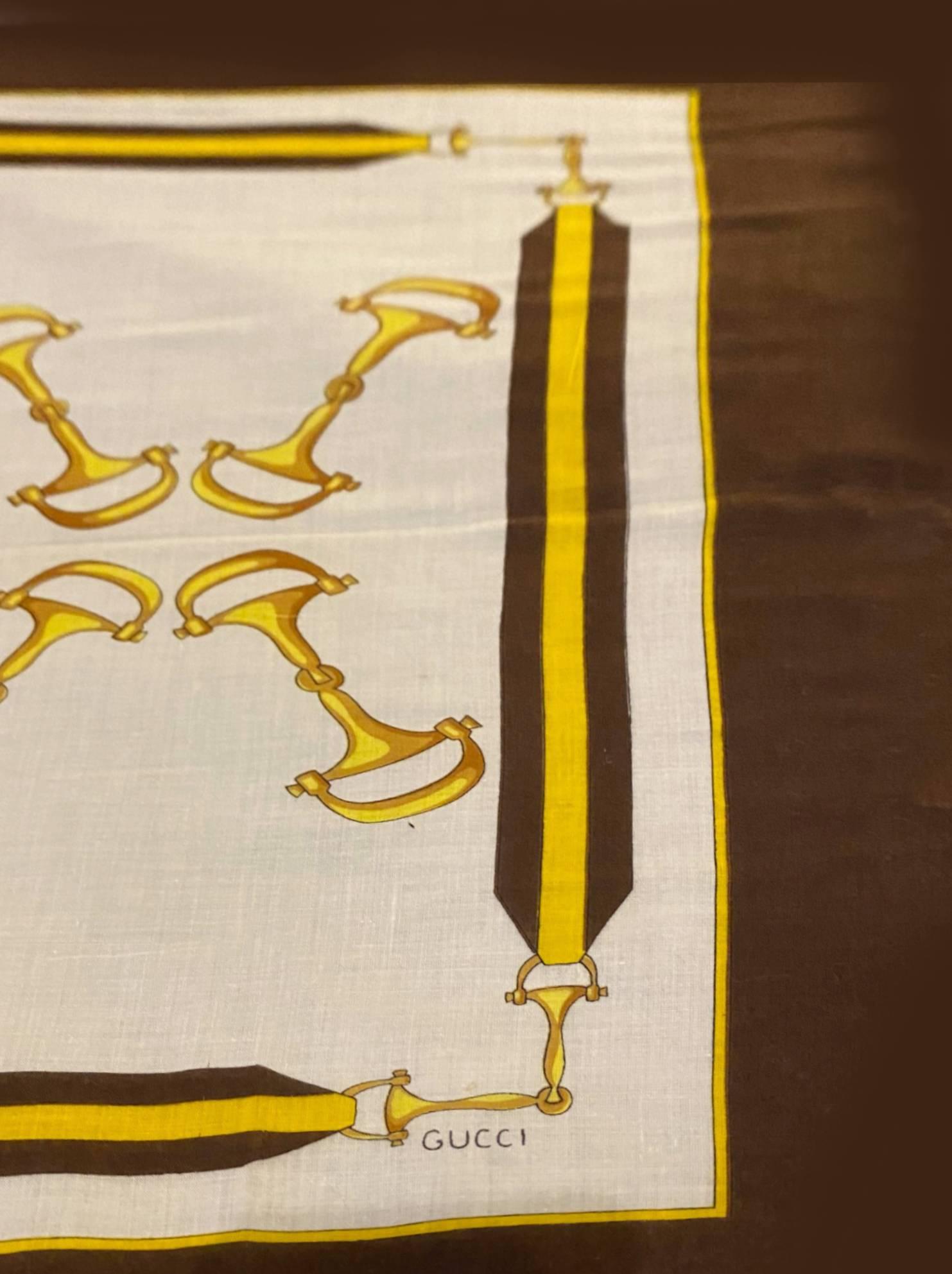 1970s Gucci Horsebit Brown Gold Bandanna Scarf In Good Condition In London, GB
