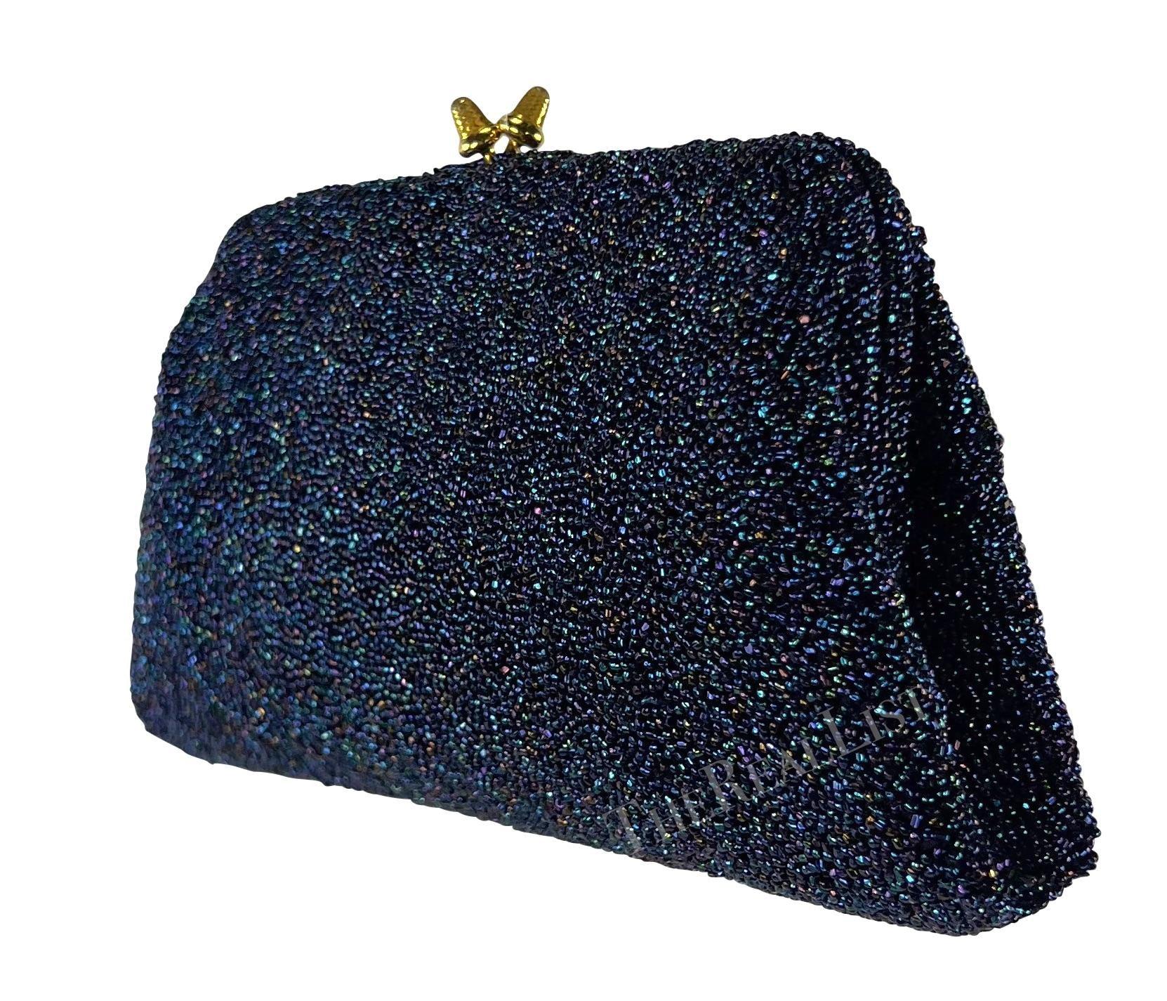 Black 1970s Gucci Iridescent Blue Caviar Beaded Mini Evening Kiss-Lock Clutch For Sale