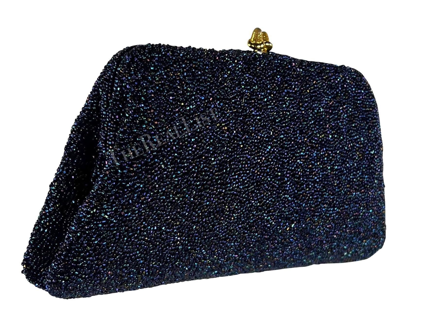 Women's 1970s Gucci Iridescent Blue Caviar Beaded Mini Evening Kiss-Lock Clutch For Sale