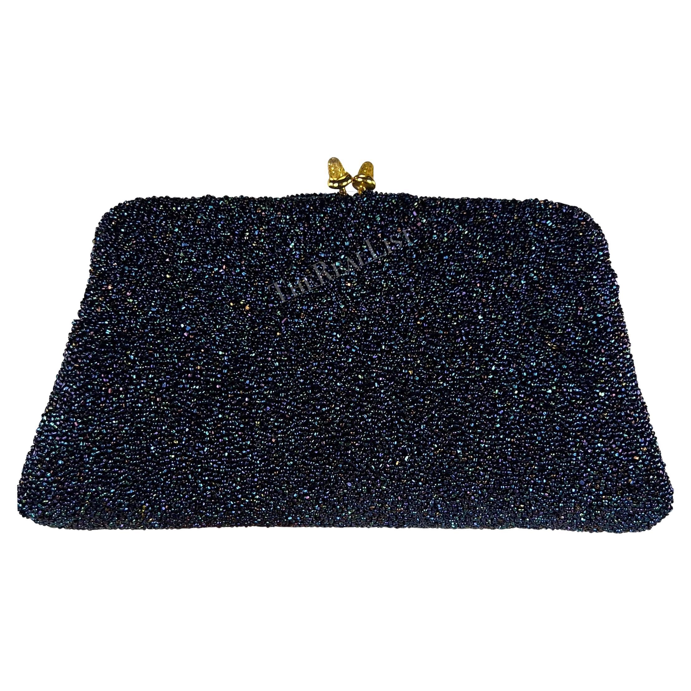 1970s Gucci Iridescent Blue Caviar Beaded Mini Evening Kiss-Lock Clutch For Sale