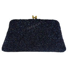 Used 1970s Gucci Iridescent Blue Caviar Beaded Mini Evening Kiss-Lock Clutch