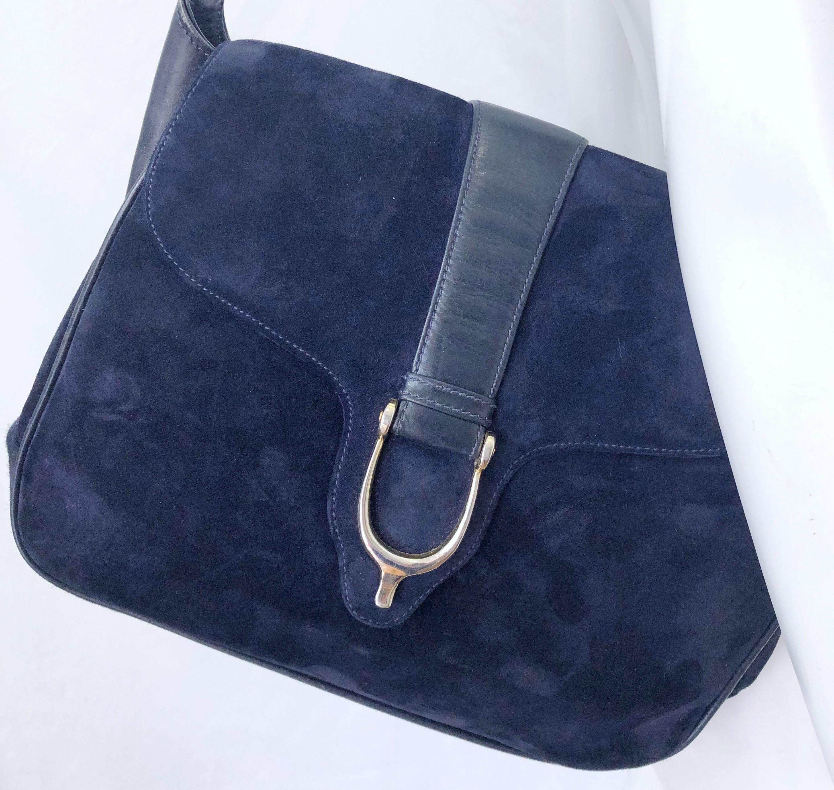 1970s Gucci Large Navy Blue Suede Vintage 70s Hobo Shoulder Bag Purse Handbag In Good Condition In San Diego, CA