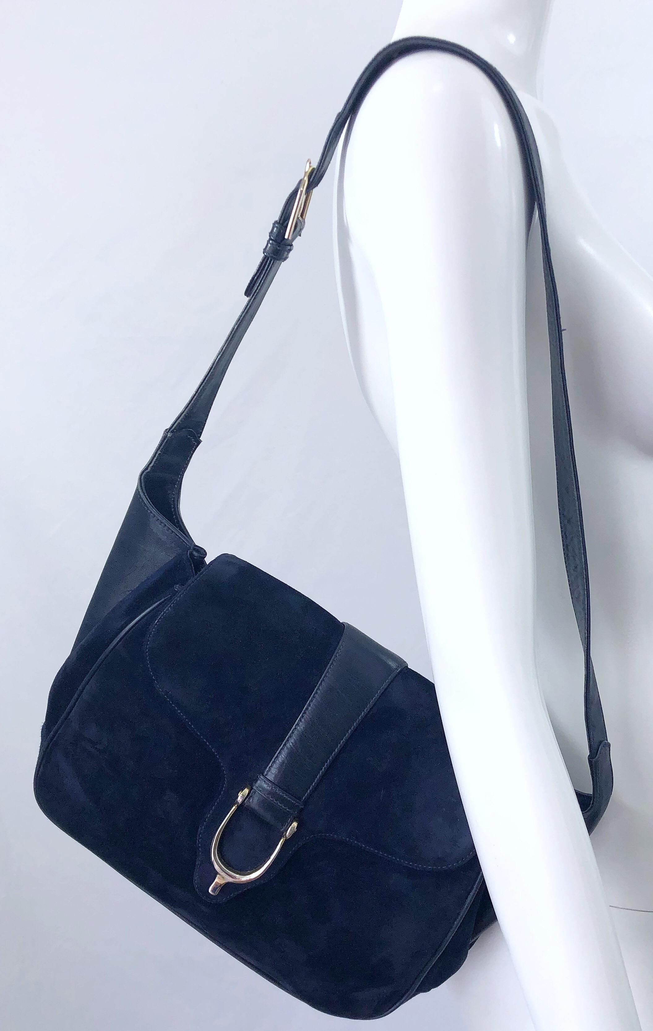 Women's 1970s Gucci Large Navy Blue Suede Vintage 70s Hobo Shoulder Bag Purse Handbag