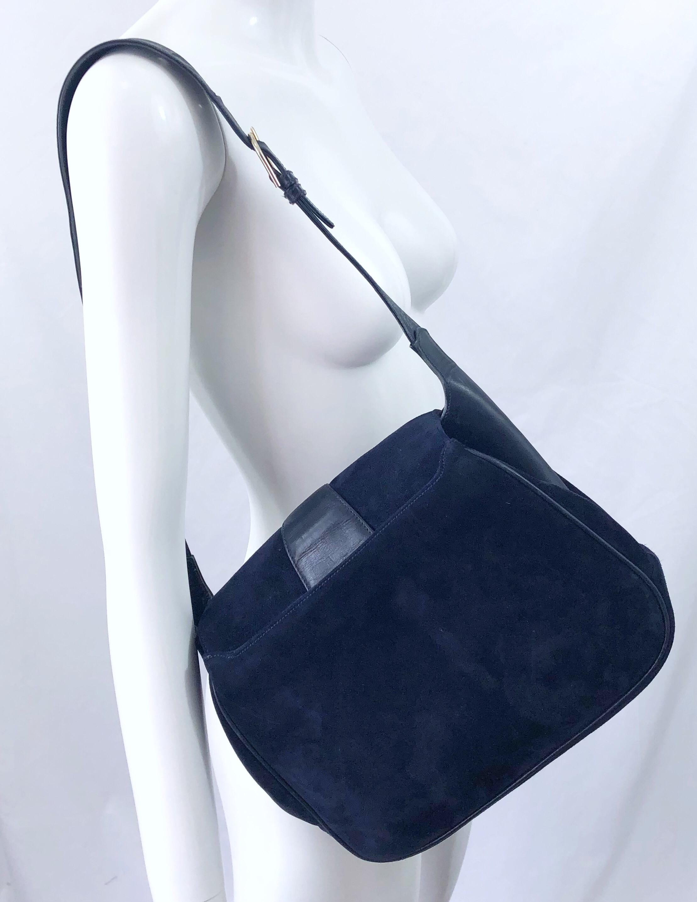 1970s Gucci Large Navy Blue Suede Vintage 70s Hobo Shoulder Bag Purse Handbag 1