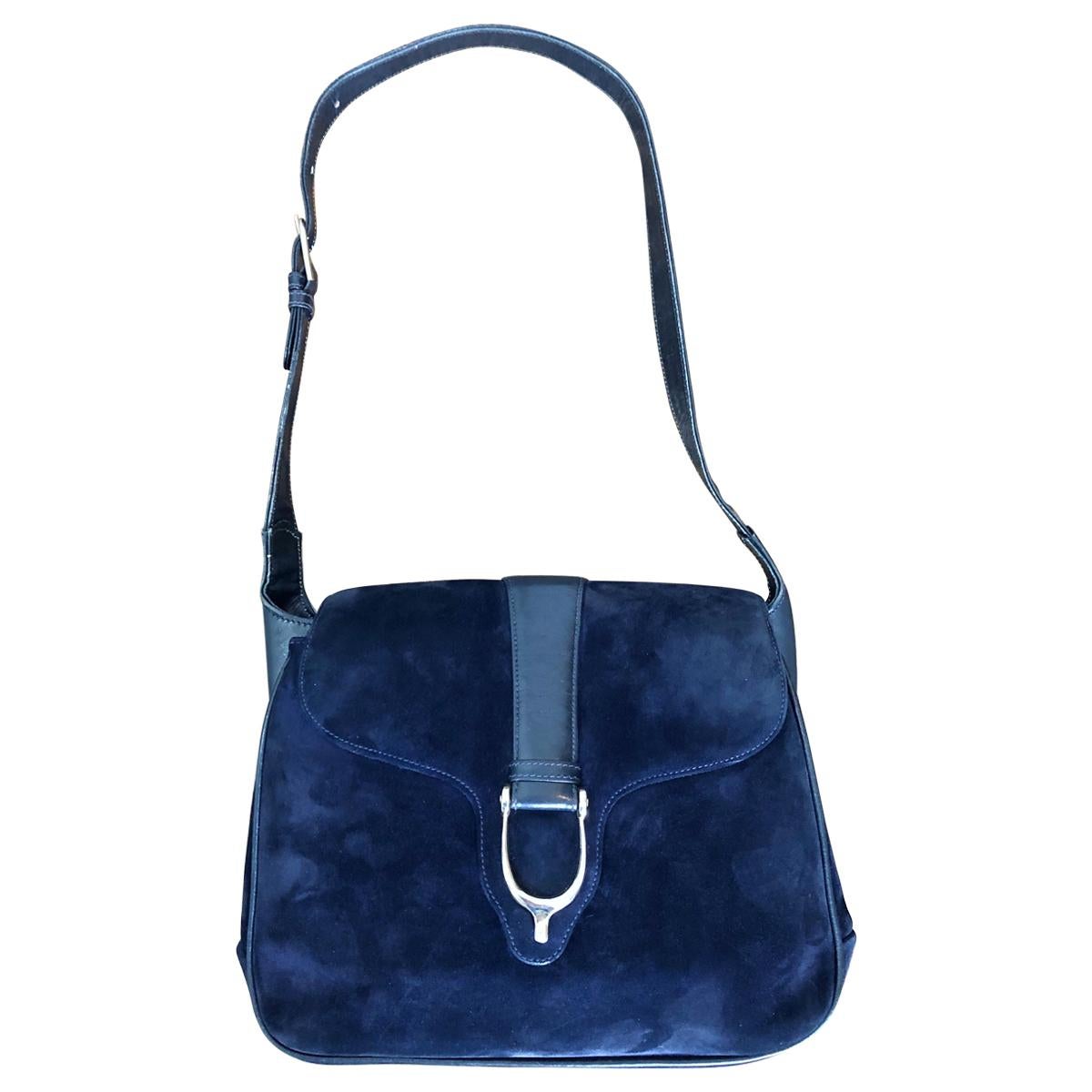 1970s Gucci Large Navy Blue Suede Vintage 70s Hobo Shoulder Bag Purse Handbag