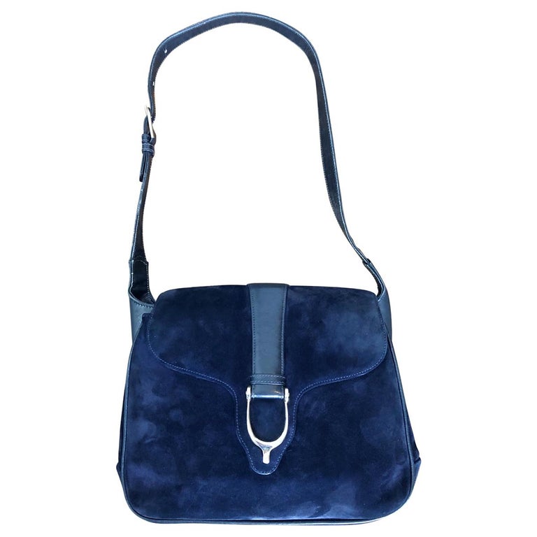 1970s Gucci Large Navy Blue Suede Vintage 70s Hobo Shoulder Bag