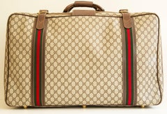 1970s Gucci Large Suitcase GG Canvas with Brown Leather Trim