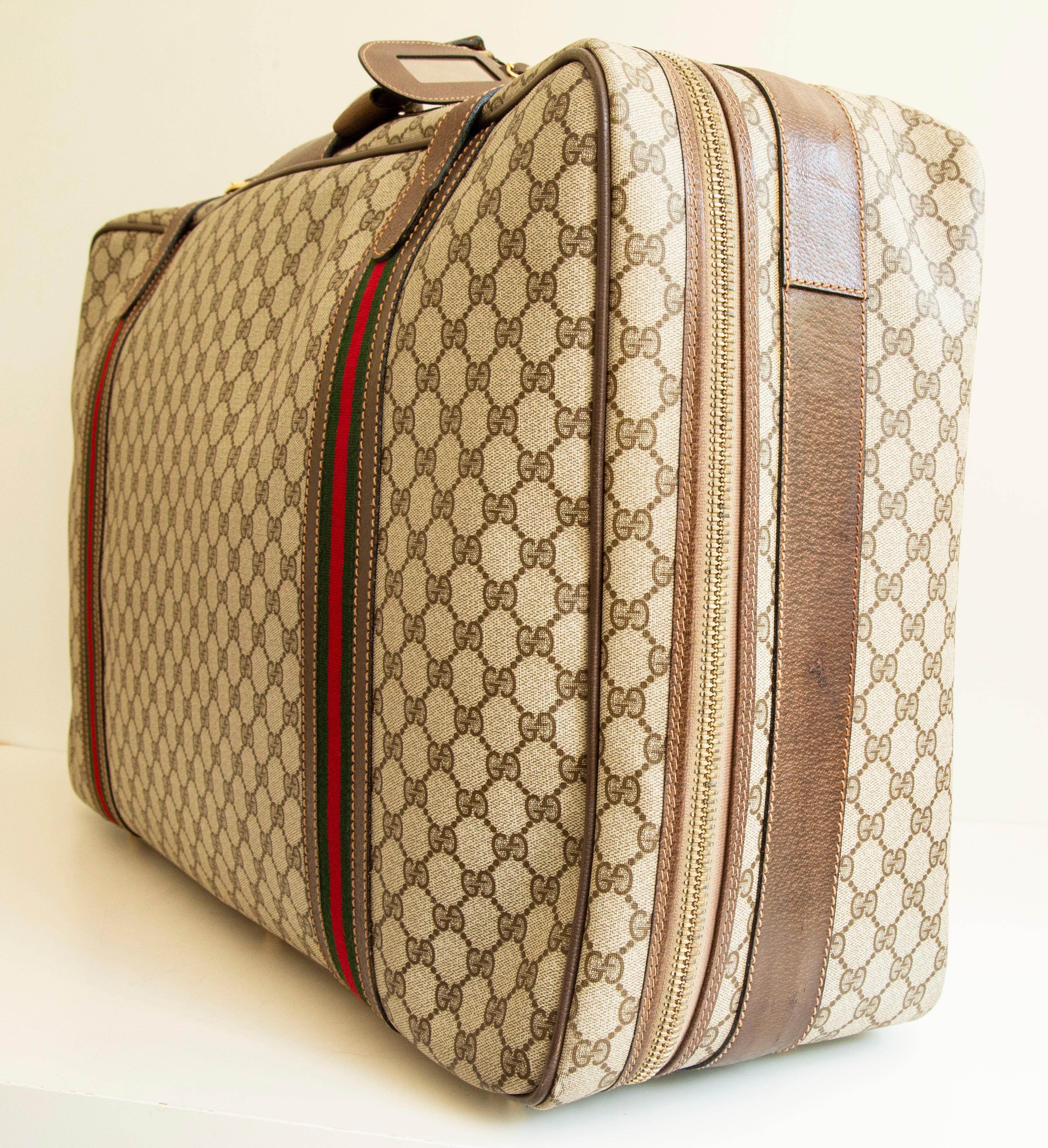 Beige 1970 Gucci Large Suitcase GG Canvas with Brown Leather Trim en vente