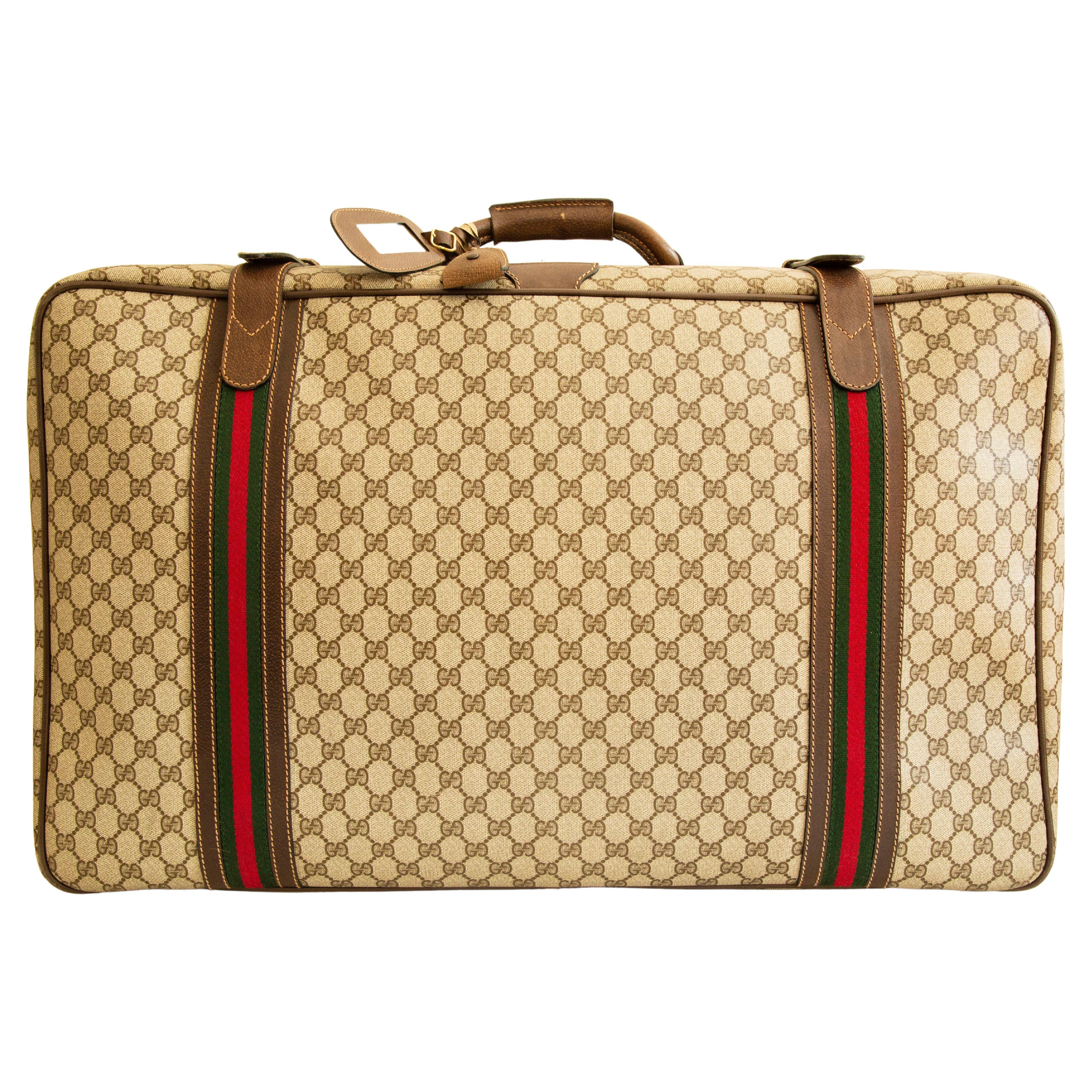 1970s Gucci Large Suitcase GG Canvas with Brown Leather Trim