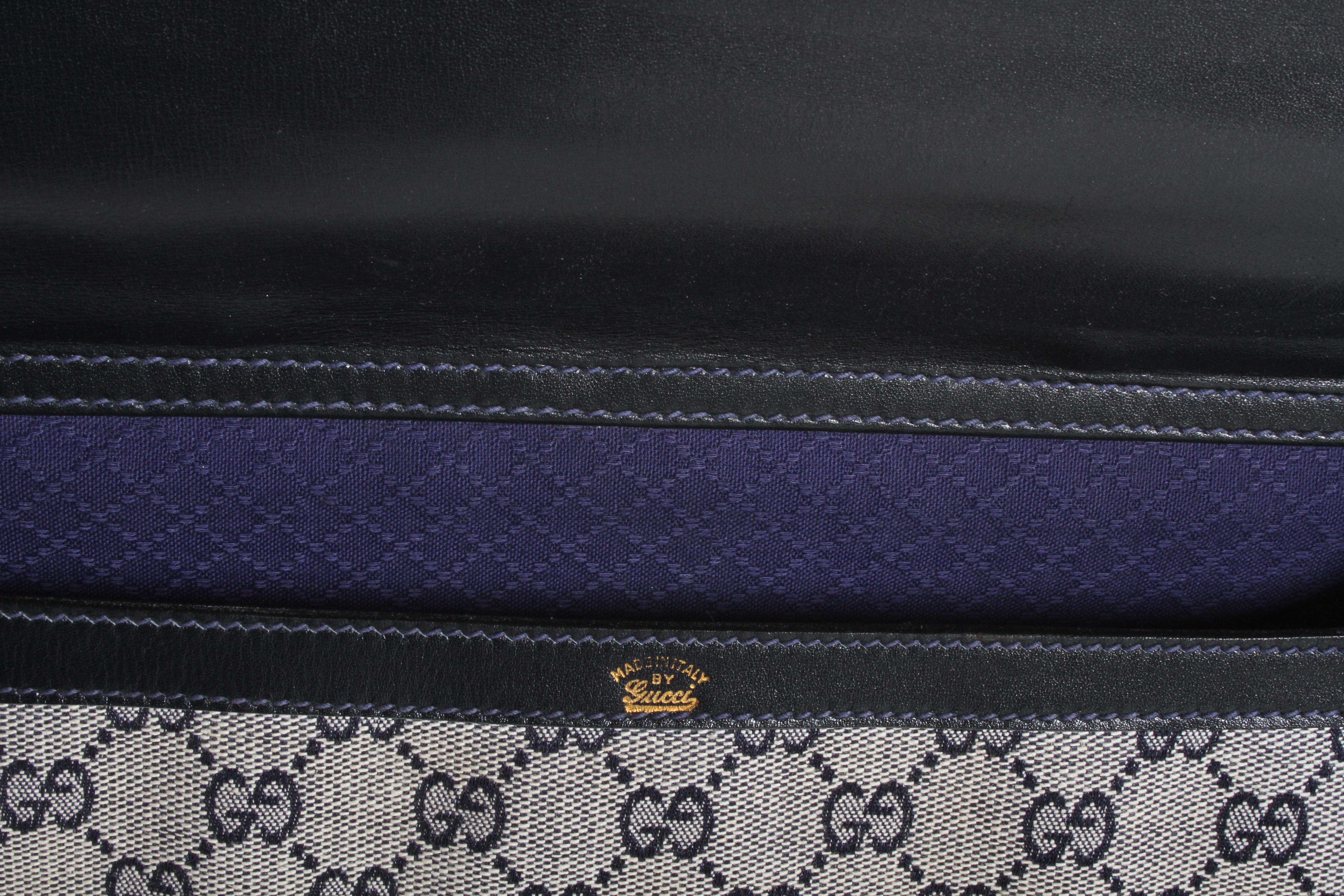 1970s Gucci Leather Attaché Briefcase with Blue GG Monogram For Sale 1
