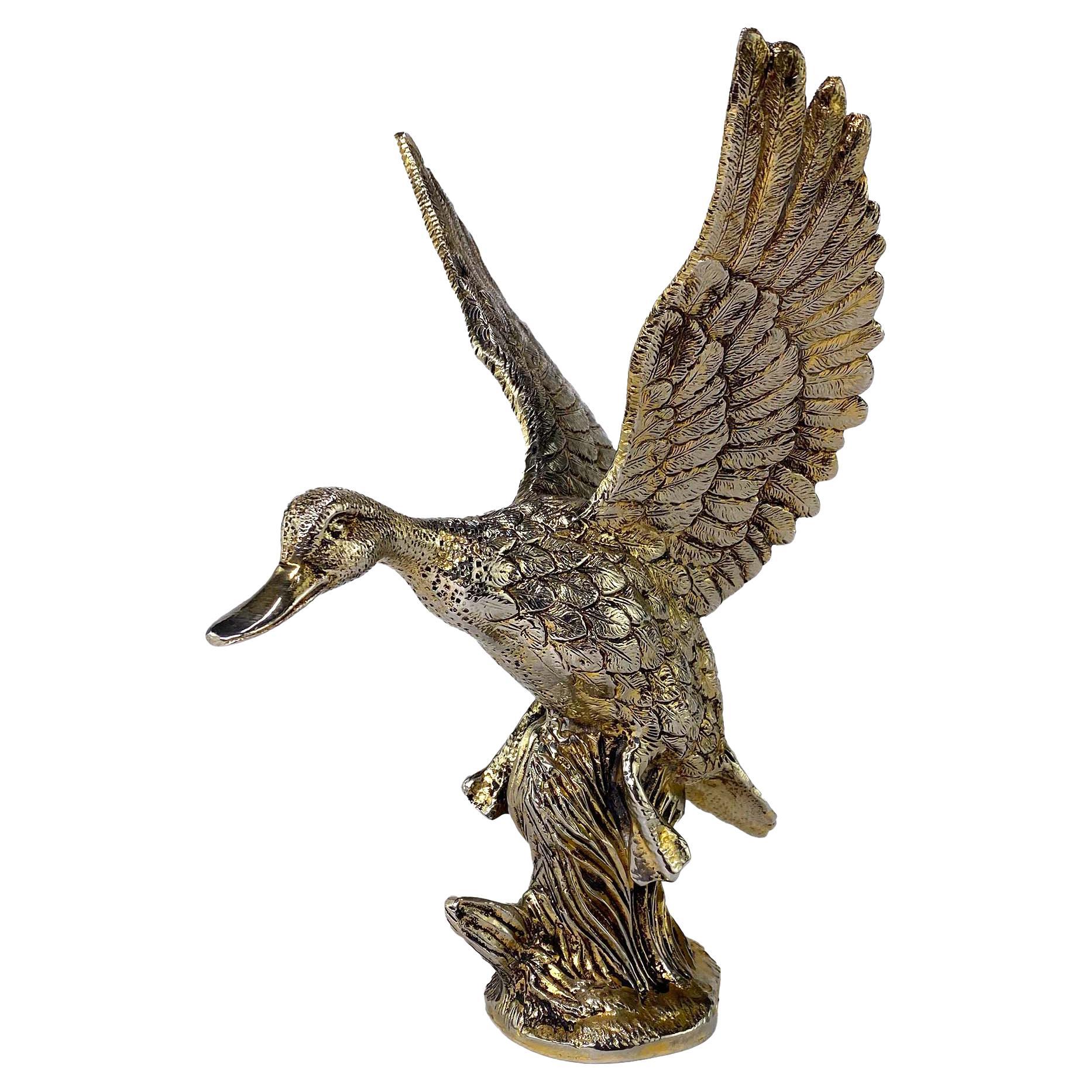 1970s Gucci Mallard Duck Gold Washed Metal Figural Statue For Sale