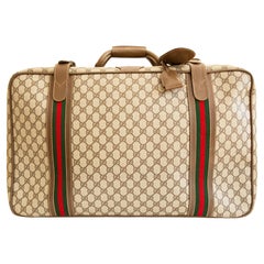 Used 1970s Gucci Middle Size Suitcase GG Canvas with Brown Leather Trim