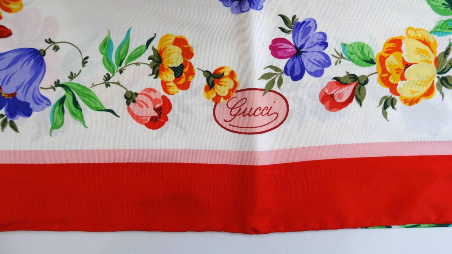 Beige 1970s Gucci Multi Floral Silk Scarf 