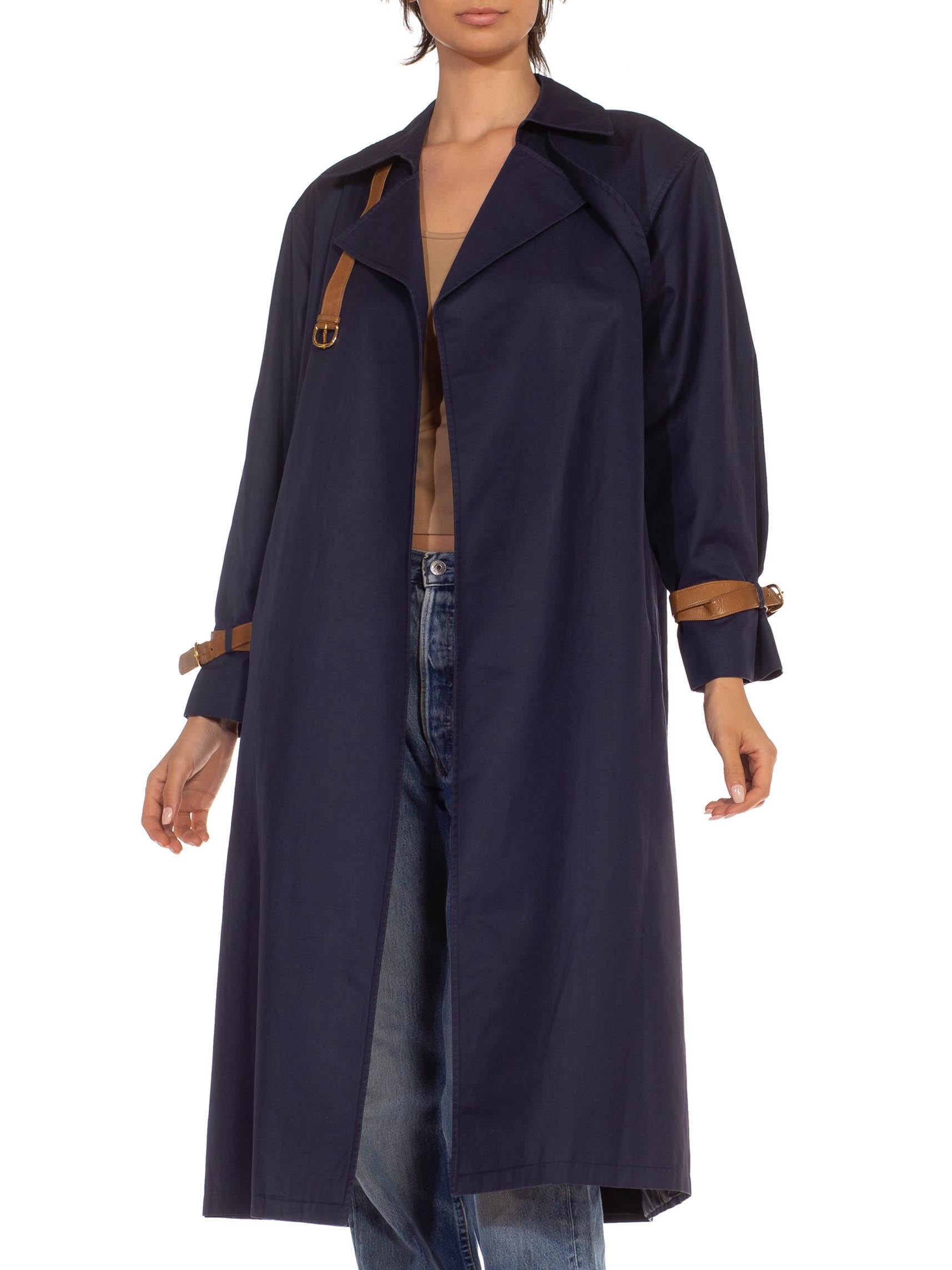 1970S Gucci Navy & Brown Polyester Leather Open Trench Coat With Belt Buckle Tr 2